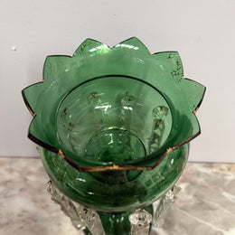 Victorian Green Glass & Crystal Drops Lustre Vase