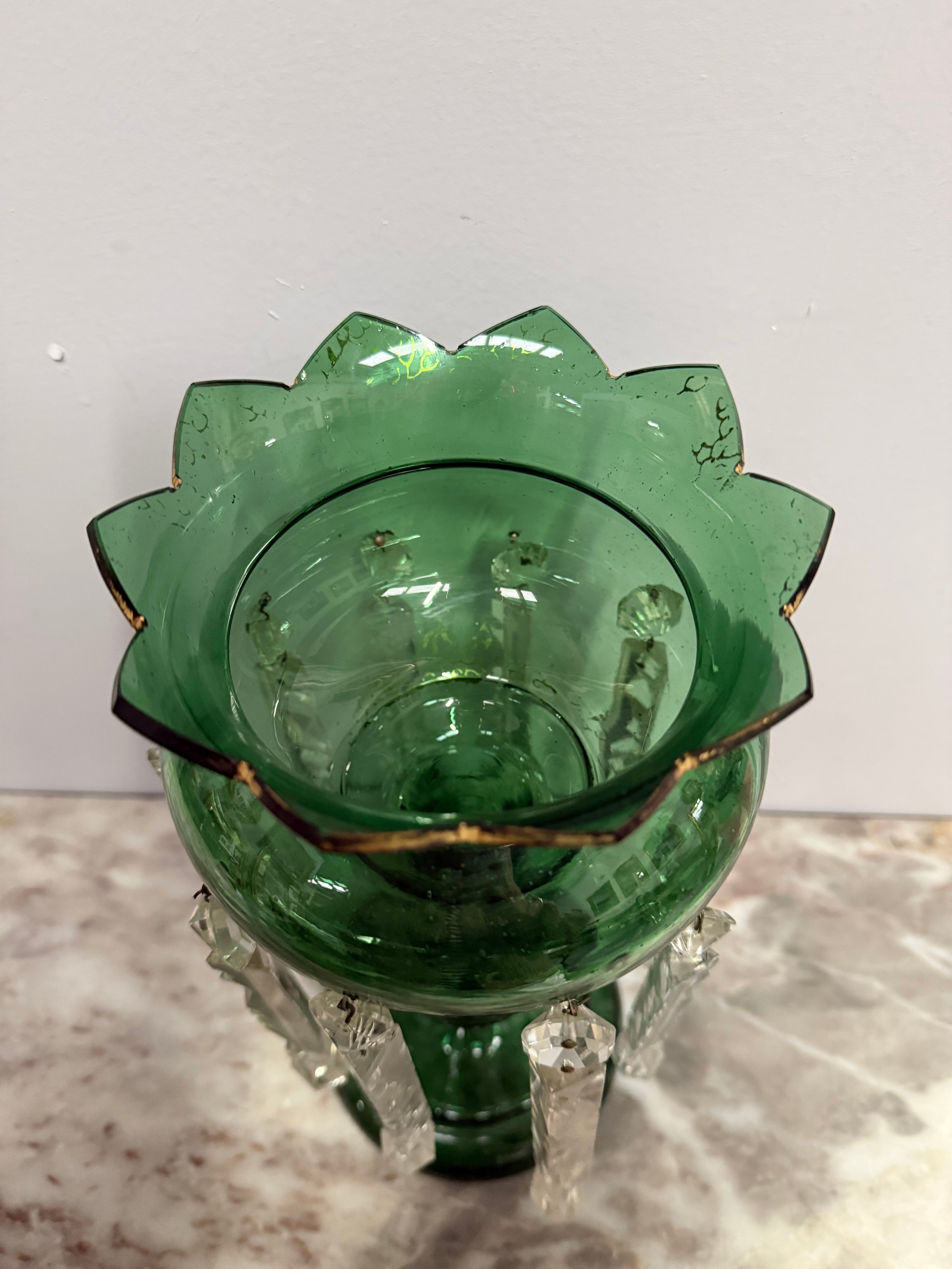 Victorian Green Glass & Crystal Drops Lustre Vase | Antique & Vintage | Moonee Ponds Antiques | Australia Wide Delivery