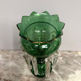 Victorian Green Glass & Crystal Drops Lustre Vase