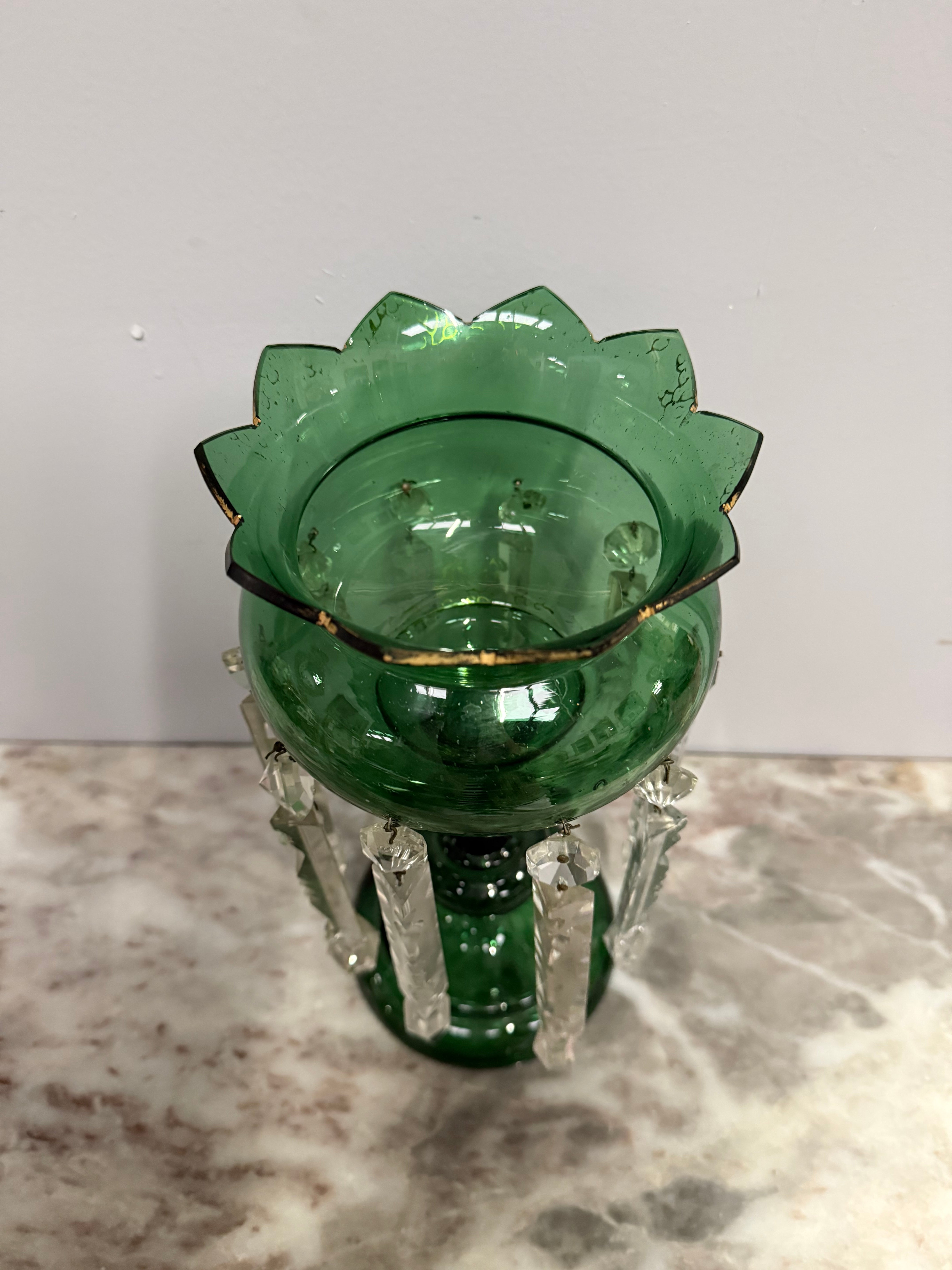 Victorian Green Glass & Crystal Drops Lustre Vase | Antique & Vintage | Moonee Ponds Antiques | Australia Wide Delivery