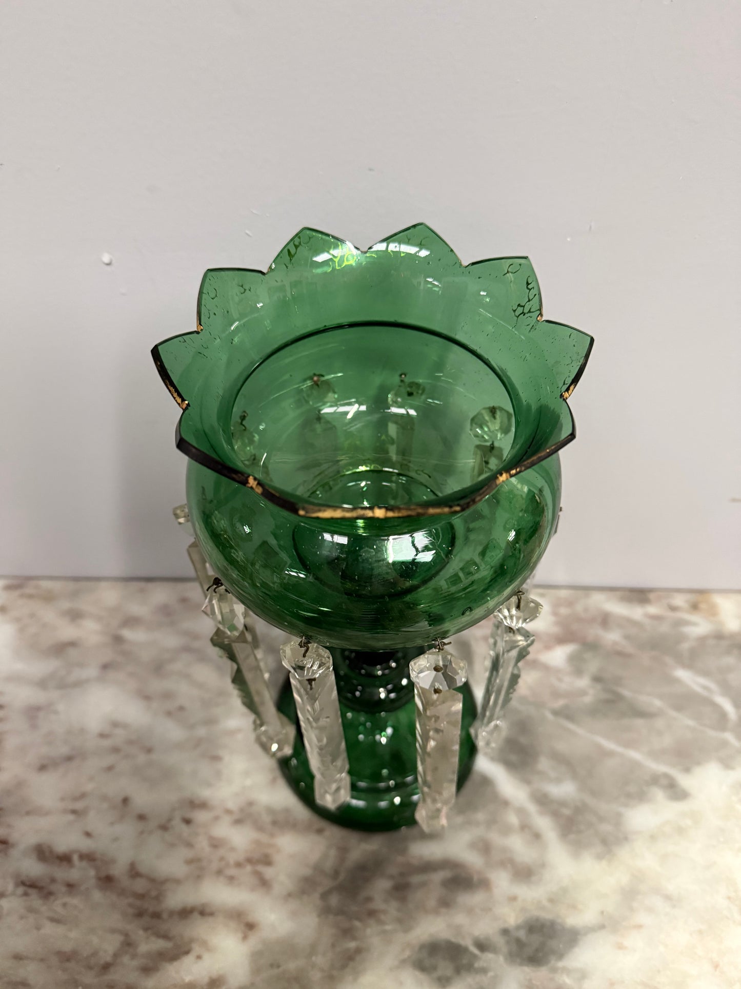Victorian Green Glass & Crystal Drops Lustre Vase