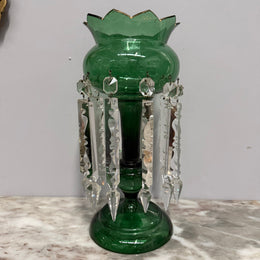 Victorian Green Glass & Crystal Drops Lustre Vase