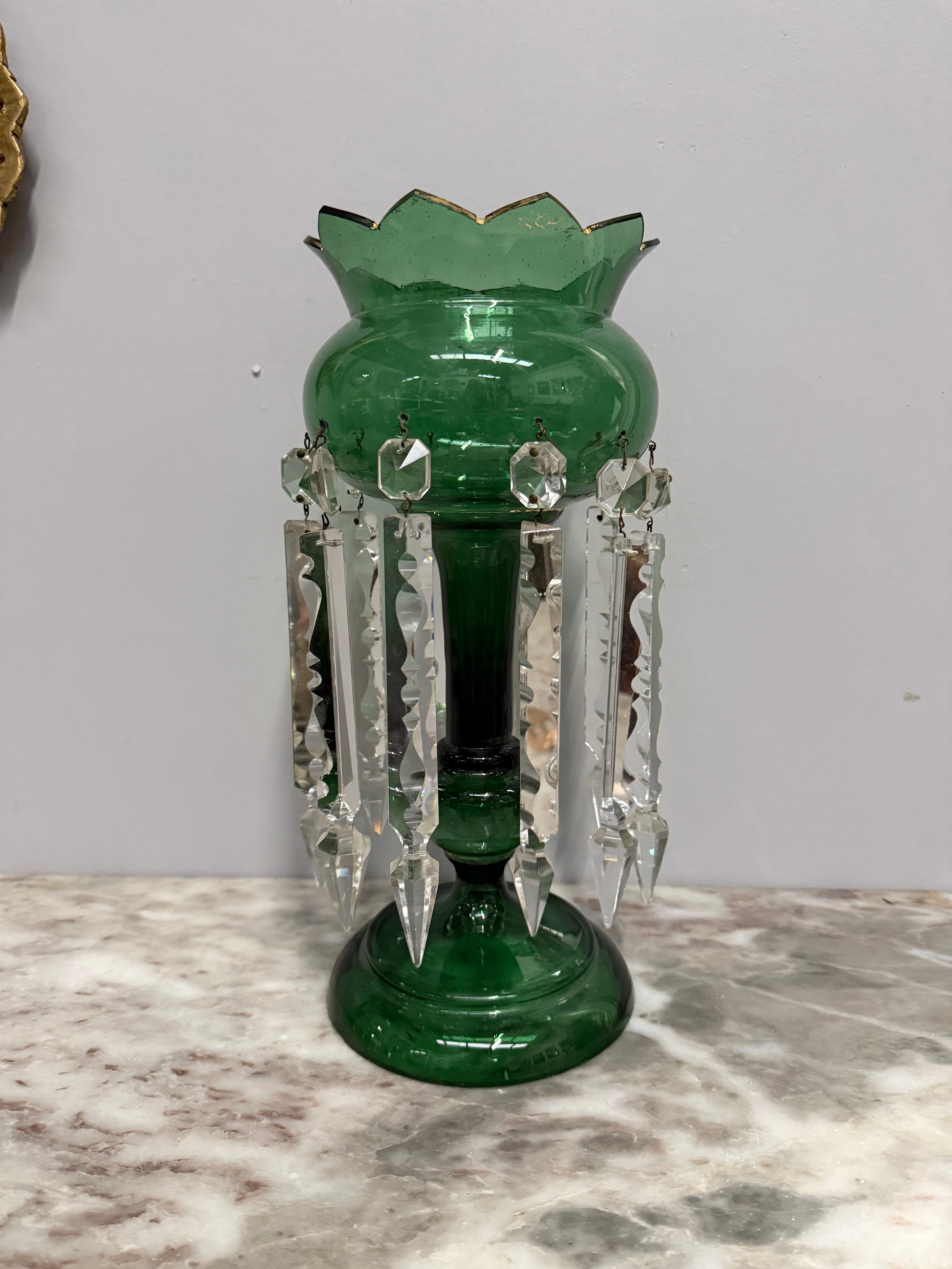 Victorian Green Glass & Crystal Drops Lustre Vase | Antique & Vintage | Moonee Ponds Antiques | Australia Wide Delivery
