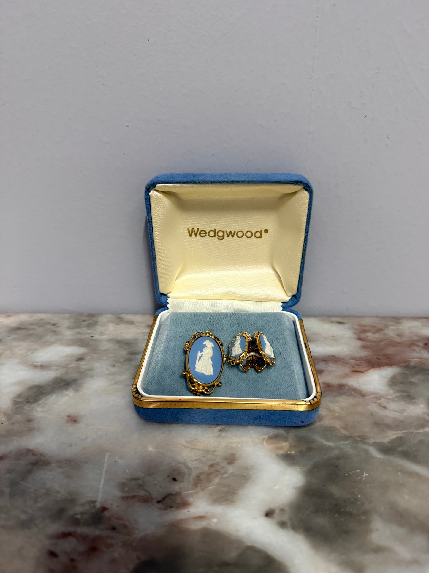 Vintage Wedgwood Pendant / Brooch & Earrings Set In Gold On Silver