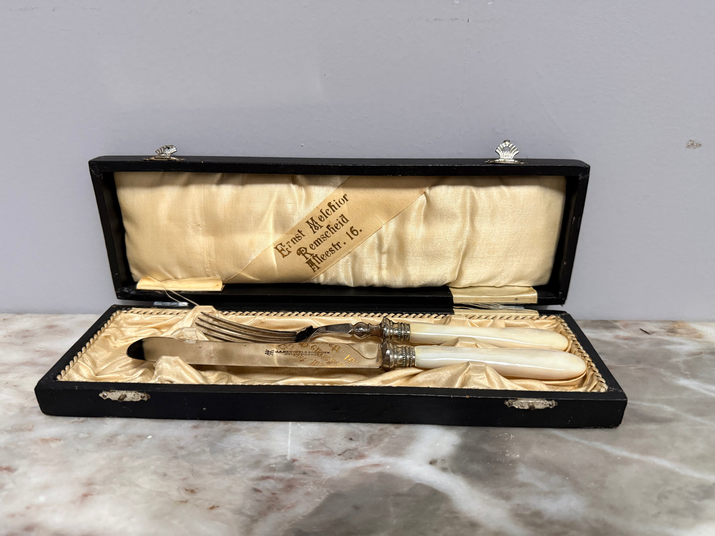 Vintage Mother of Pearl & Stainless Steel Fish Servers Orig Box