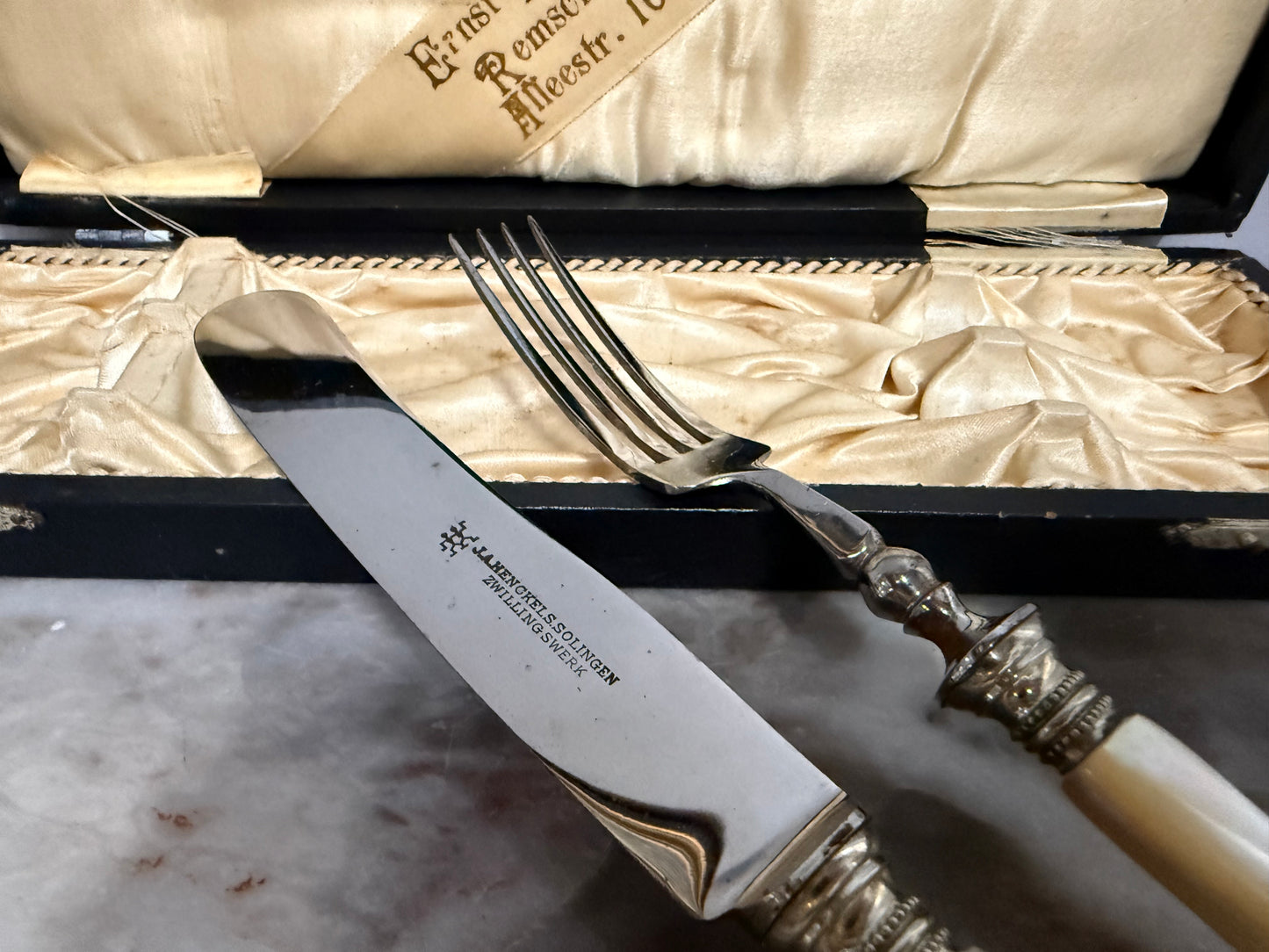 Vintage Mother of Pearl & Stainless Steel Fish Servers Orig Box