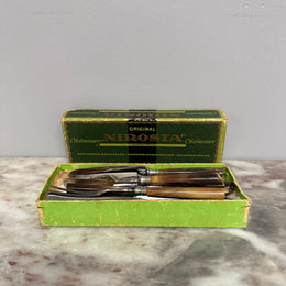 Vintage Set of 12 Fruit Knives & Forks Faux Horn Handles
