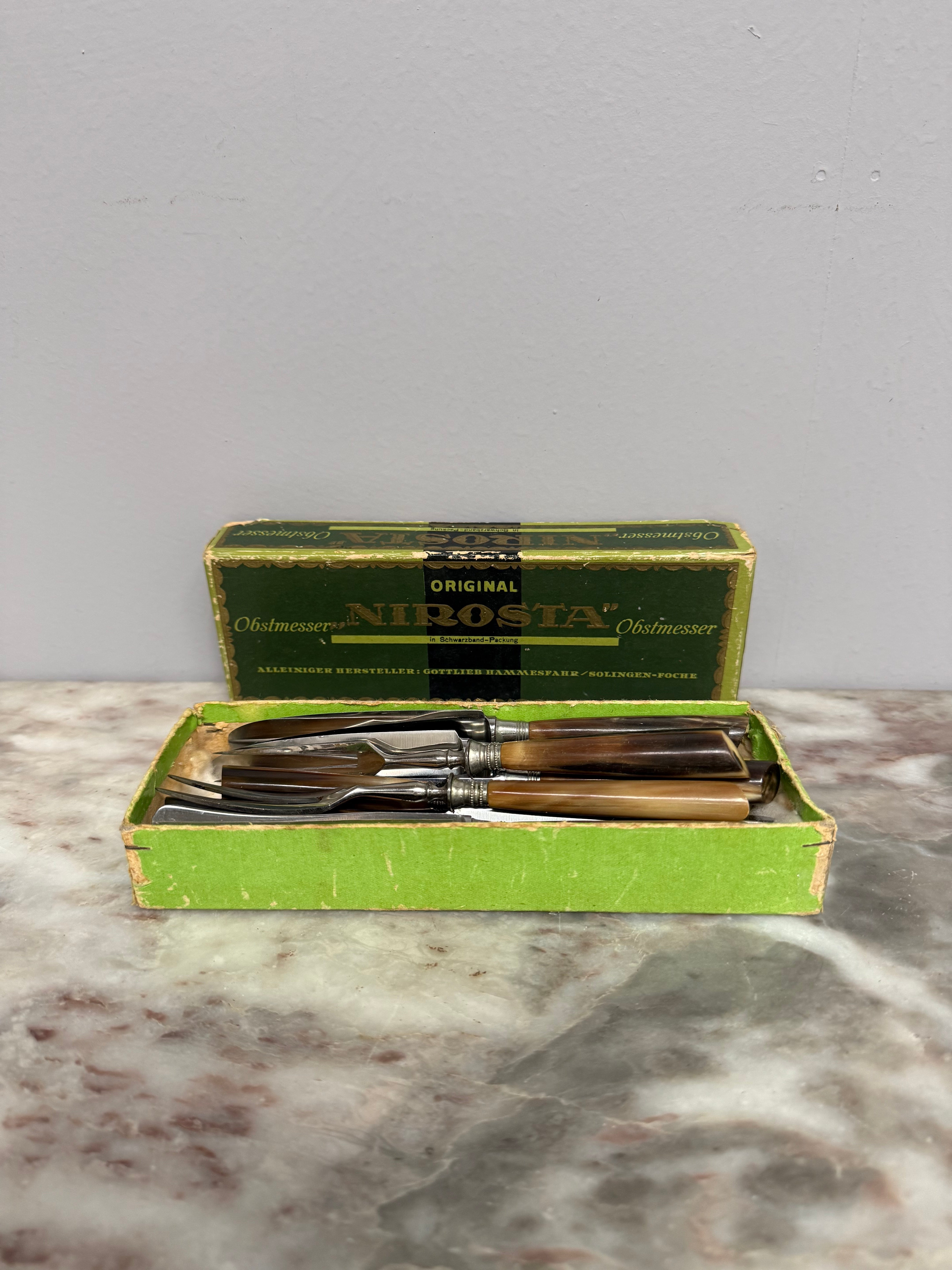 Vintage Set of 12 Fruit Knives & Forks Faux Horn Handles