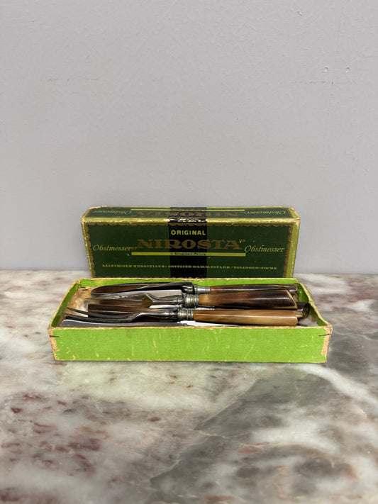 Vintage Set of 12 Fruit Knives & Forks Faux Horn Handles