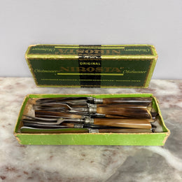 Vintage Set of 12 Fruit Knives & Forks Faux Horn Handles