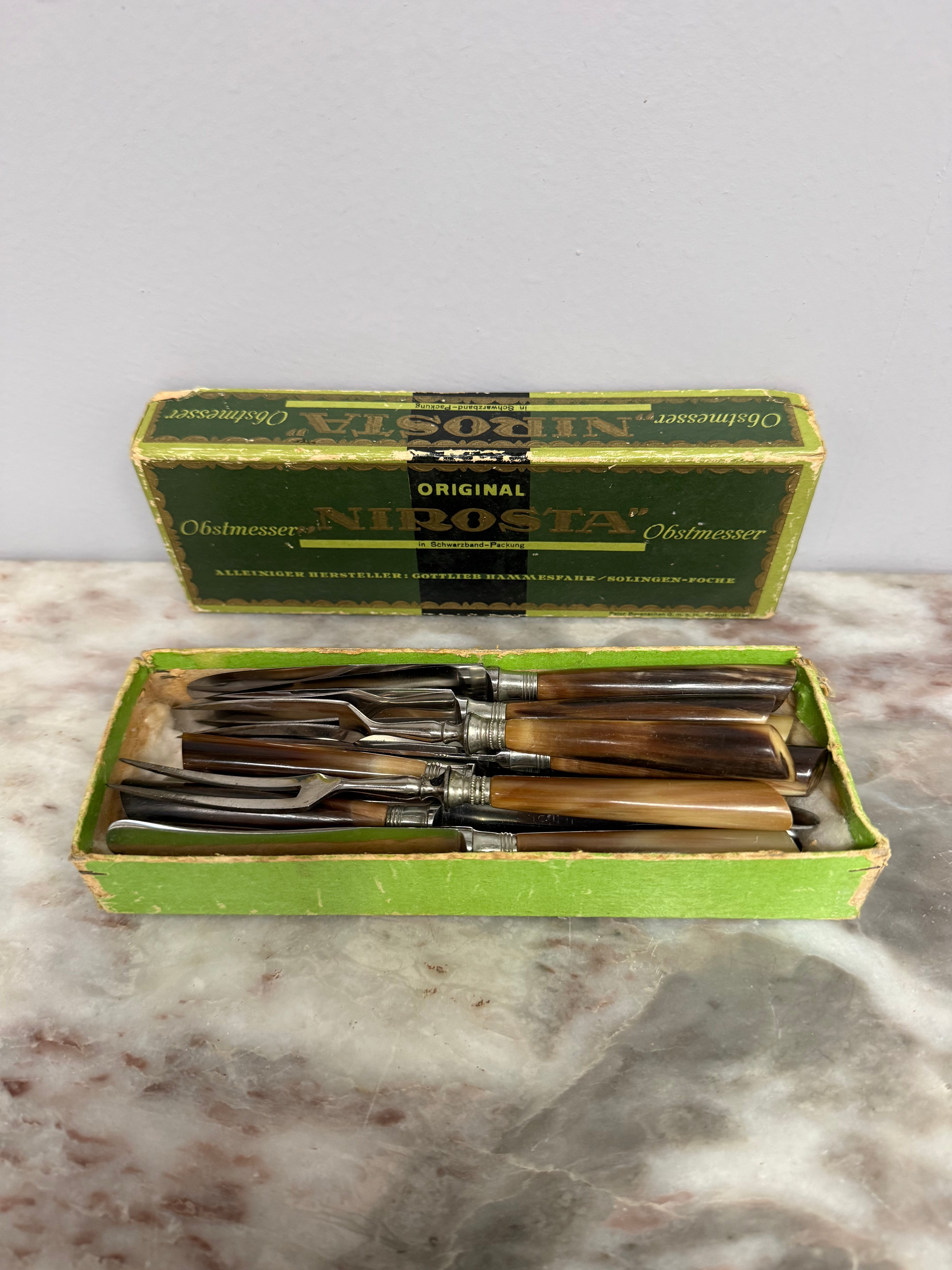 Vintage Set of 12 Fruit Knives & Forks Faux Horn Handles | Antique & Vintage | Moonee Ponds Antiques | Australia Wide Delivery