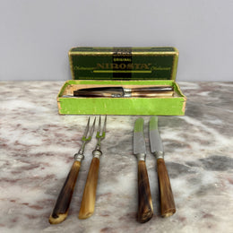 Vintage Set of 12 Fruit Knives & Forks Faux Horn Handles
