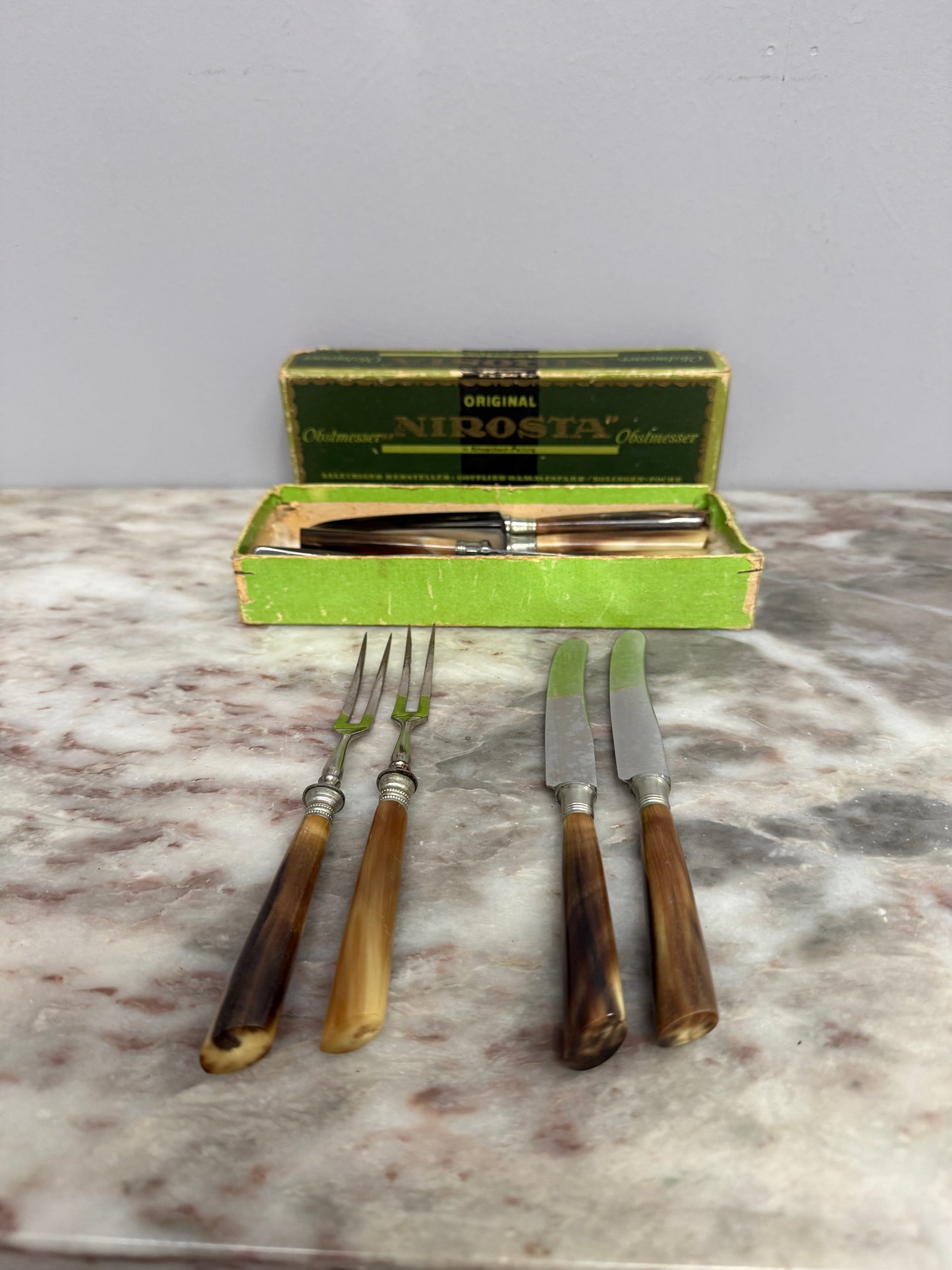 Vintage Set of 12 Fruit Knives & Forks Faux Horn Handles