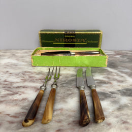 Vintage Set of 12 Fruit Knives & Forks Faux Horn Handles