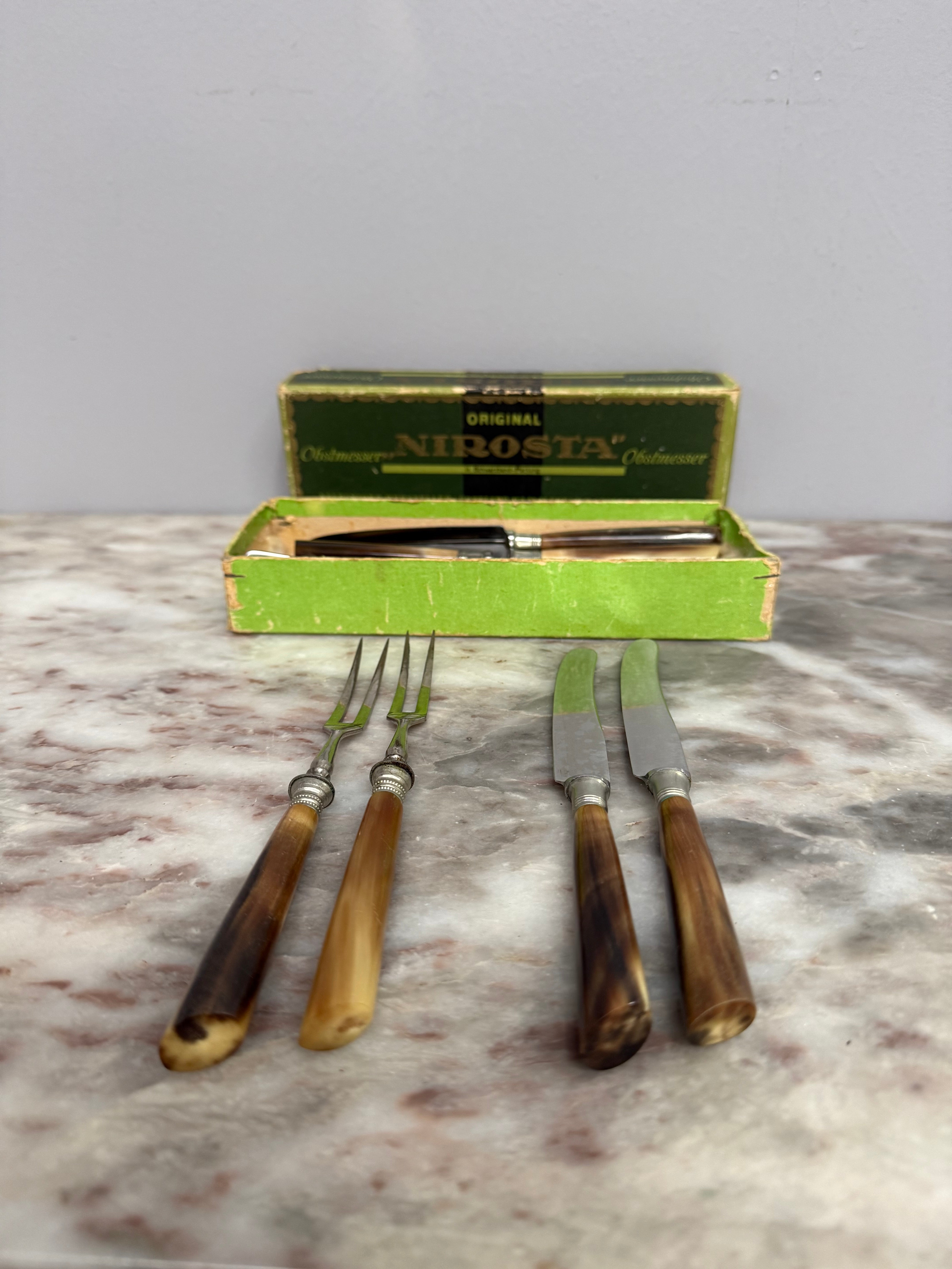 Vintage Set of 12 Fruit Knives & Forks Faux Horn Handles | Antique & Vintage | Moonee Ponds Antiques | Australia Wide Delivery