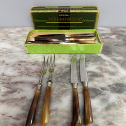Vintage Set of 12 Fruit Knives & Forks Faux Horn Handles