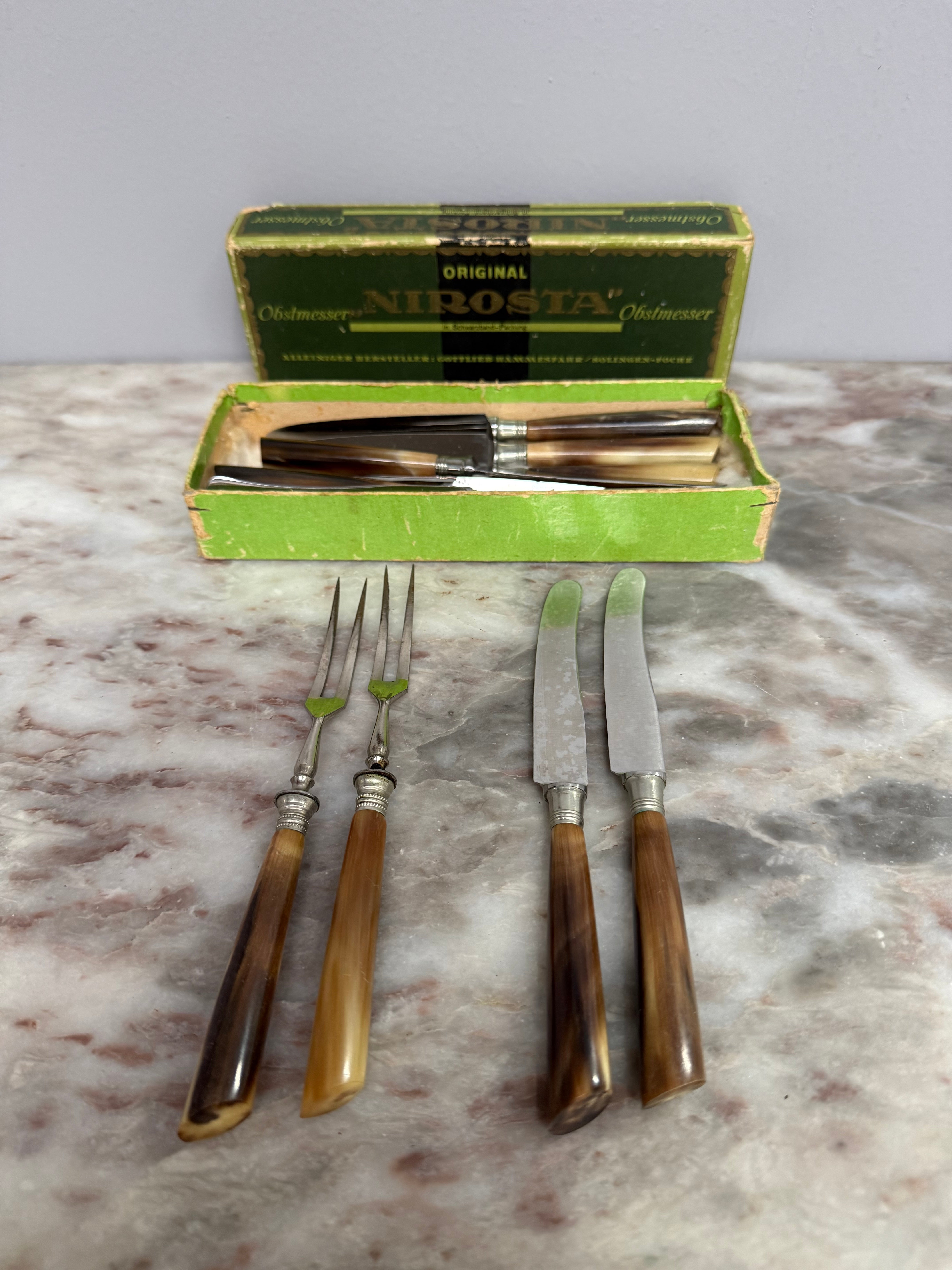 Vintage Set of 12 Fruit Knives & Forks Faux Horn Handles | Antique & Vintage | Moonee Ponds Antiques | Australia Wide Delivery