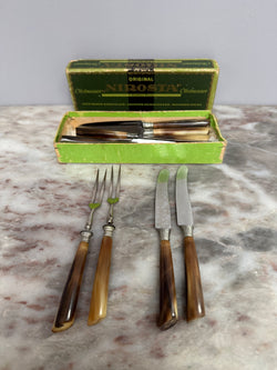 Vintage Set of 12 Fruit Knives & Forks Faux Horn Handles | Antique & Vintage | Moonee Ponds Antiques | Australia Wide Delivery