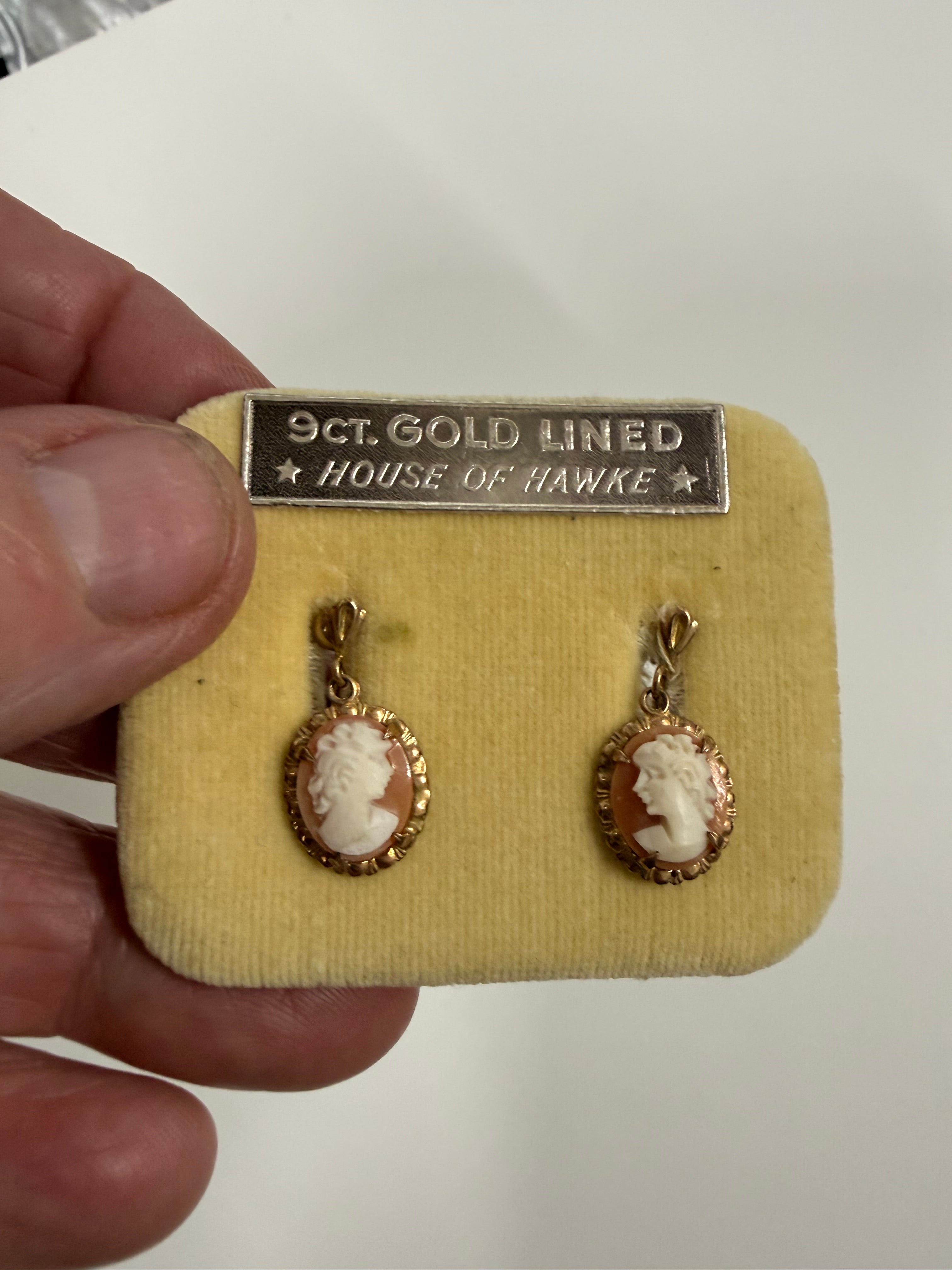 Vintage 9 Carat Gold Lined Cameo Earrings
