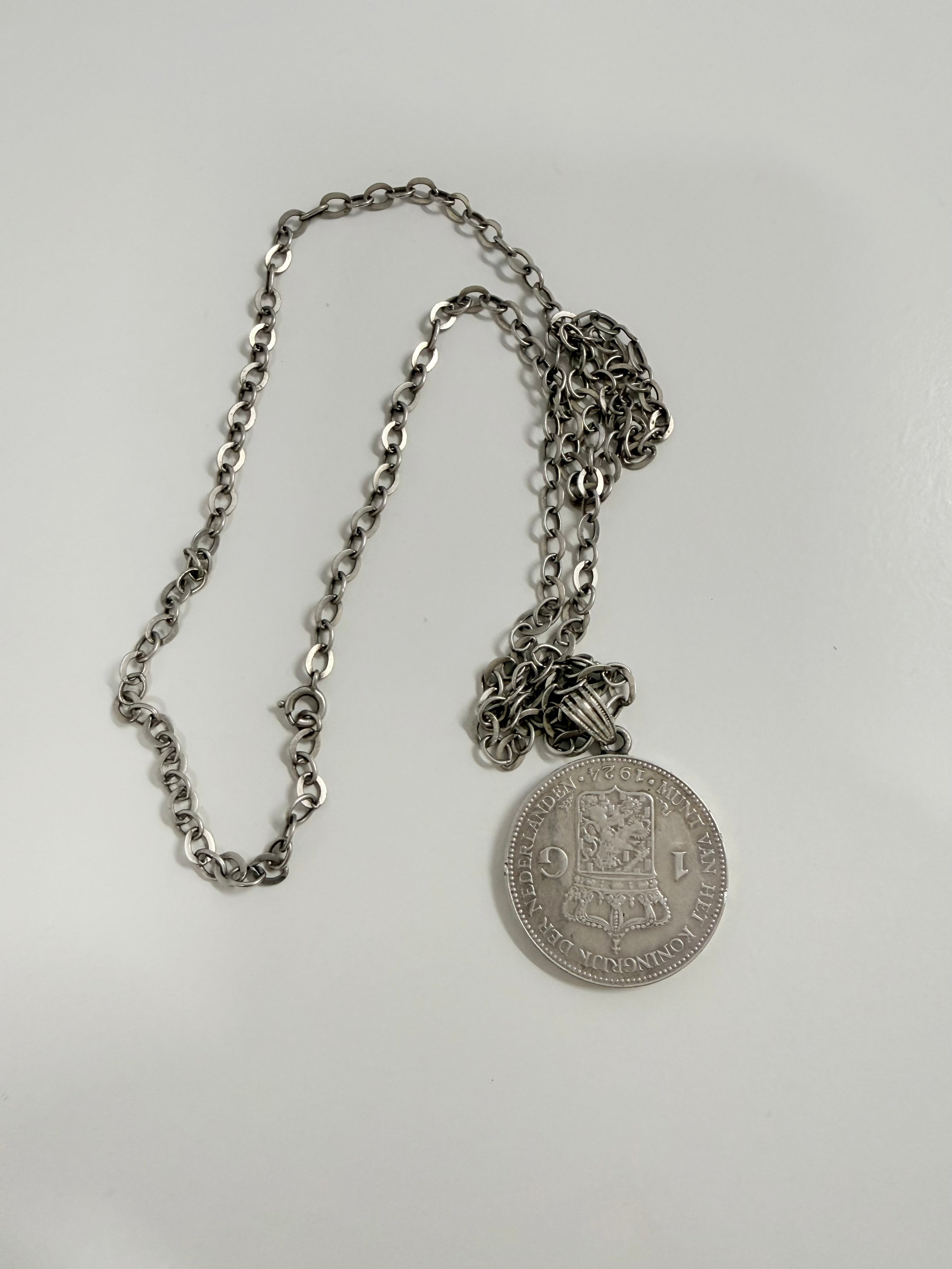 Vintage Netherlands Silver Guilder Coin & Chain C1924