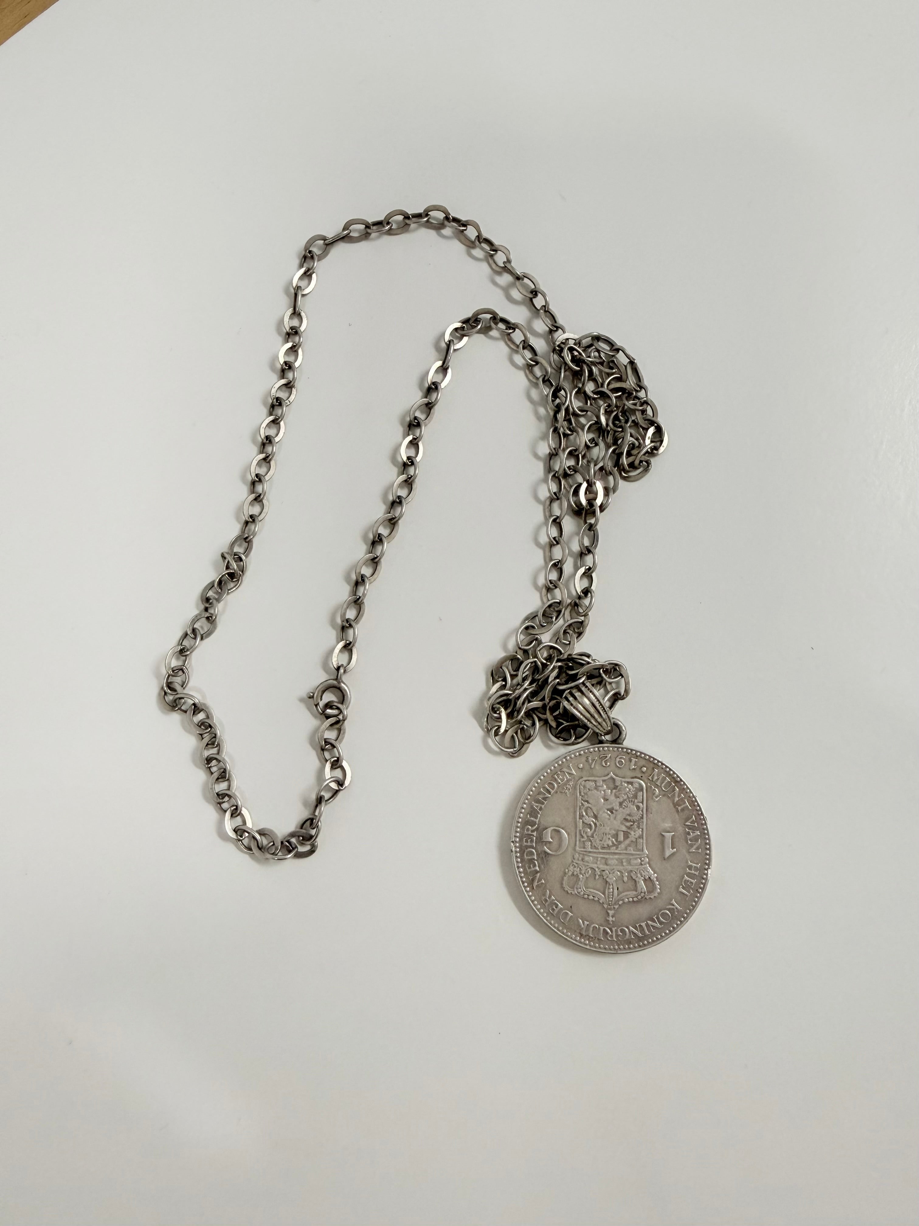 Vintage Netherlands Silver Guilder Coin & Chain C1924
