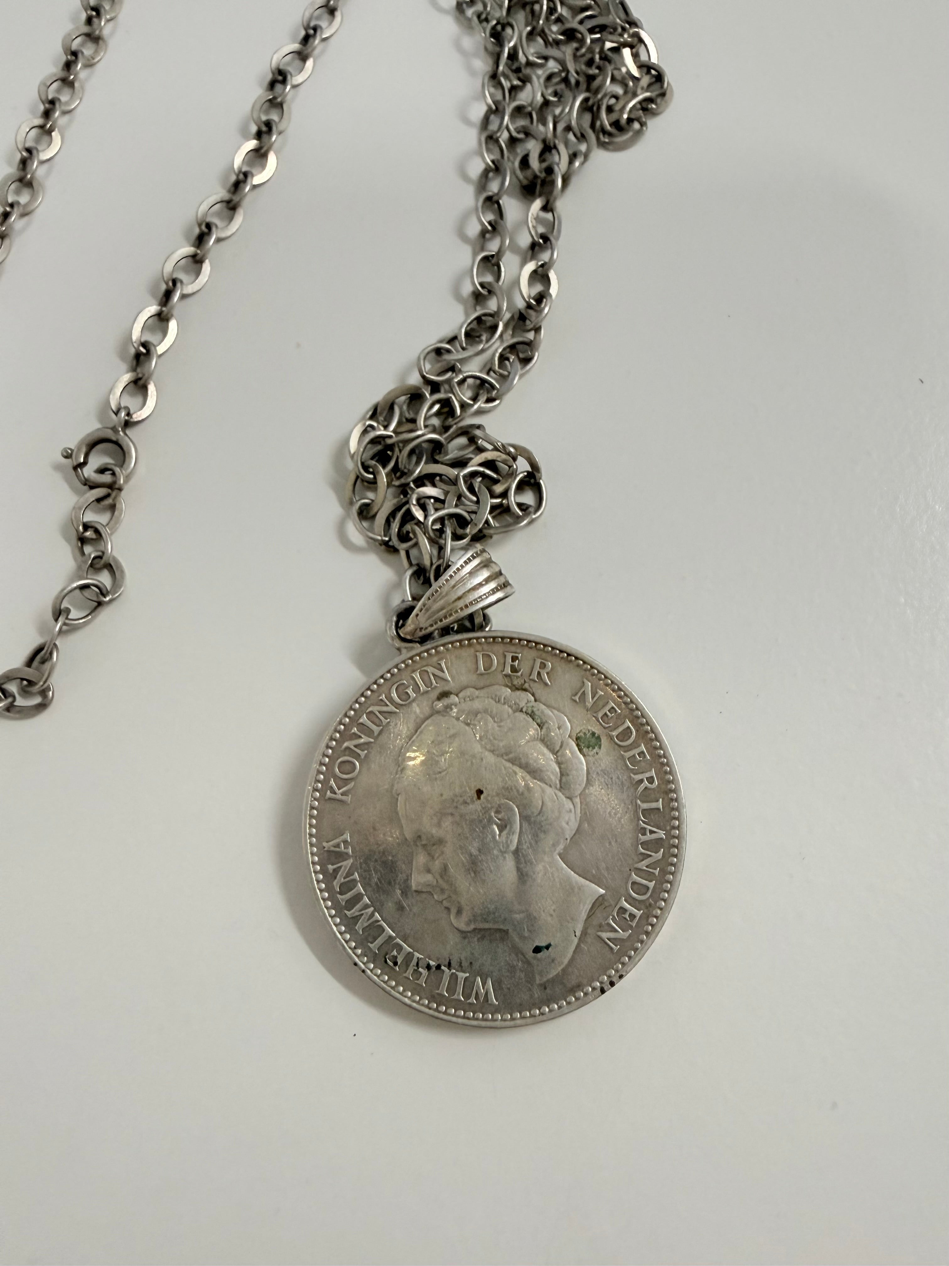 Vintage Netherlands Silver Guilder Coin & Chain C1924