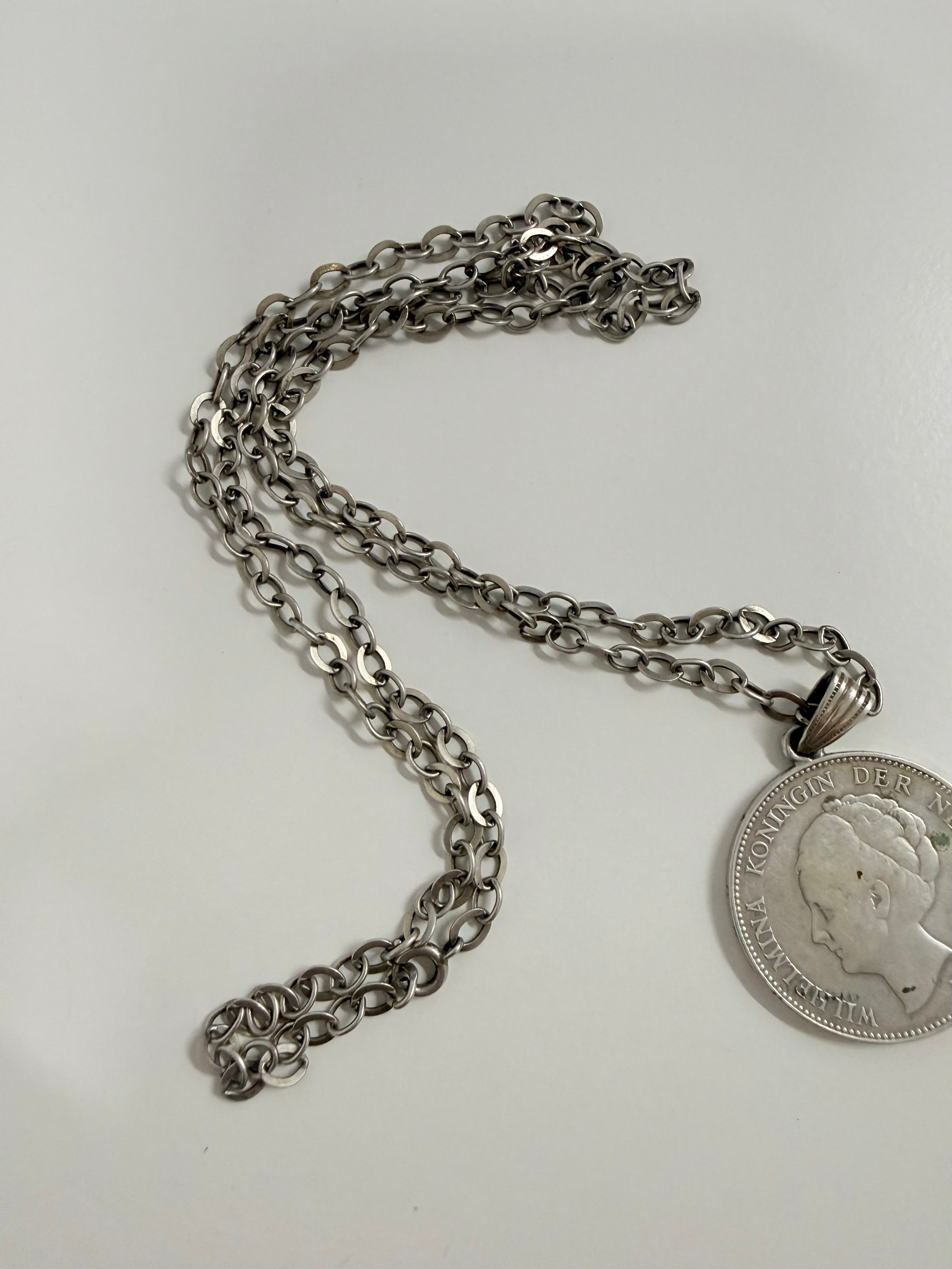 Vintage Netherlands Silver Guilder Coin & Chain C1924