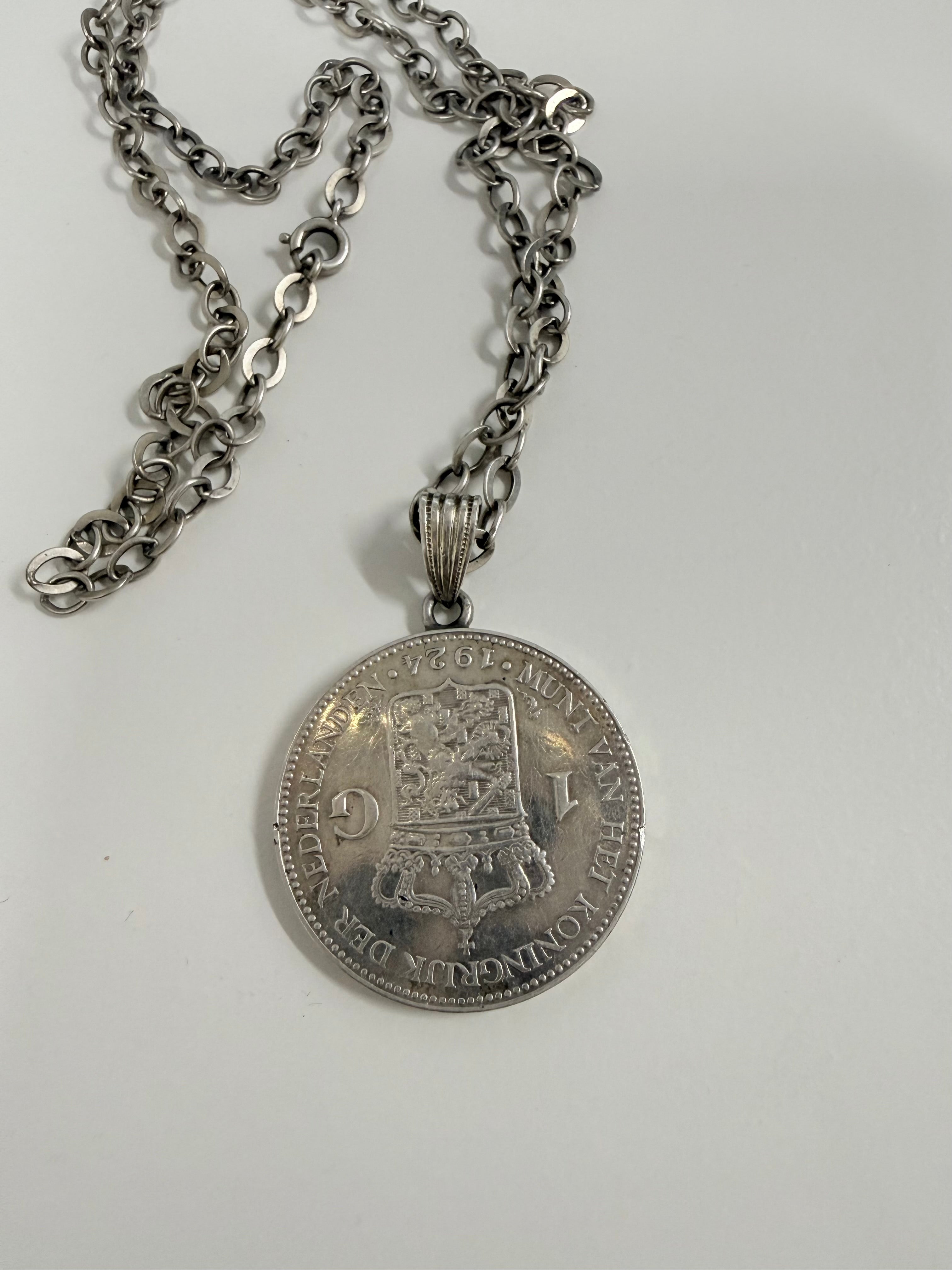 Vintage Netherlands Silver Guilder Coin & Chain C1924