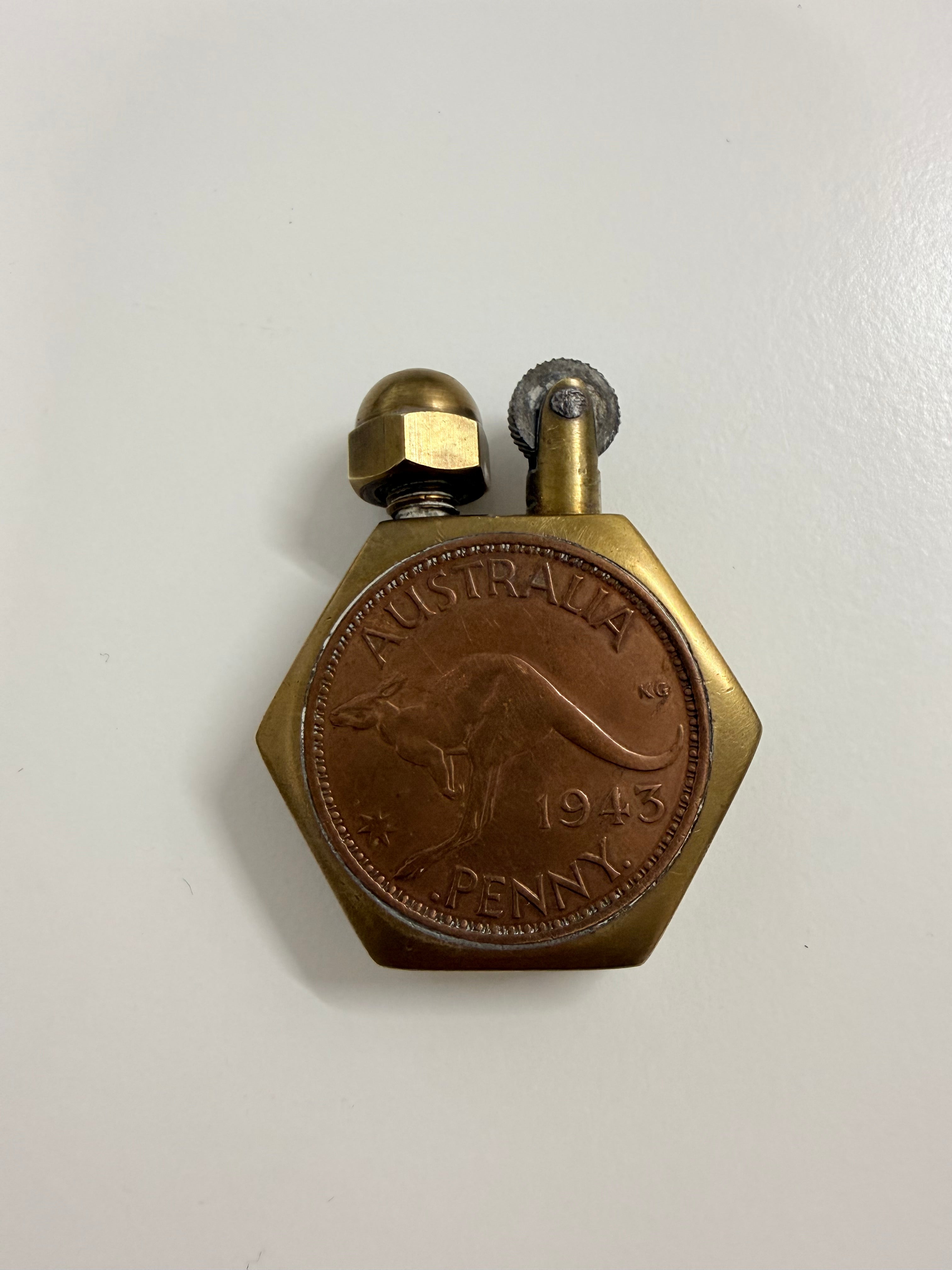 Vintage WW2 Trench Art Lighter Made With Pennies & Brass