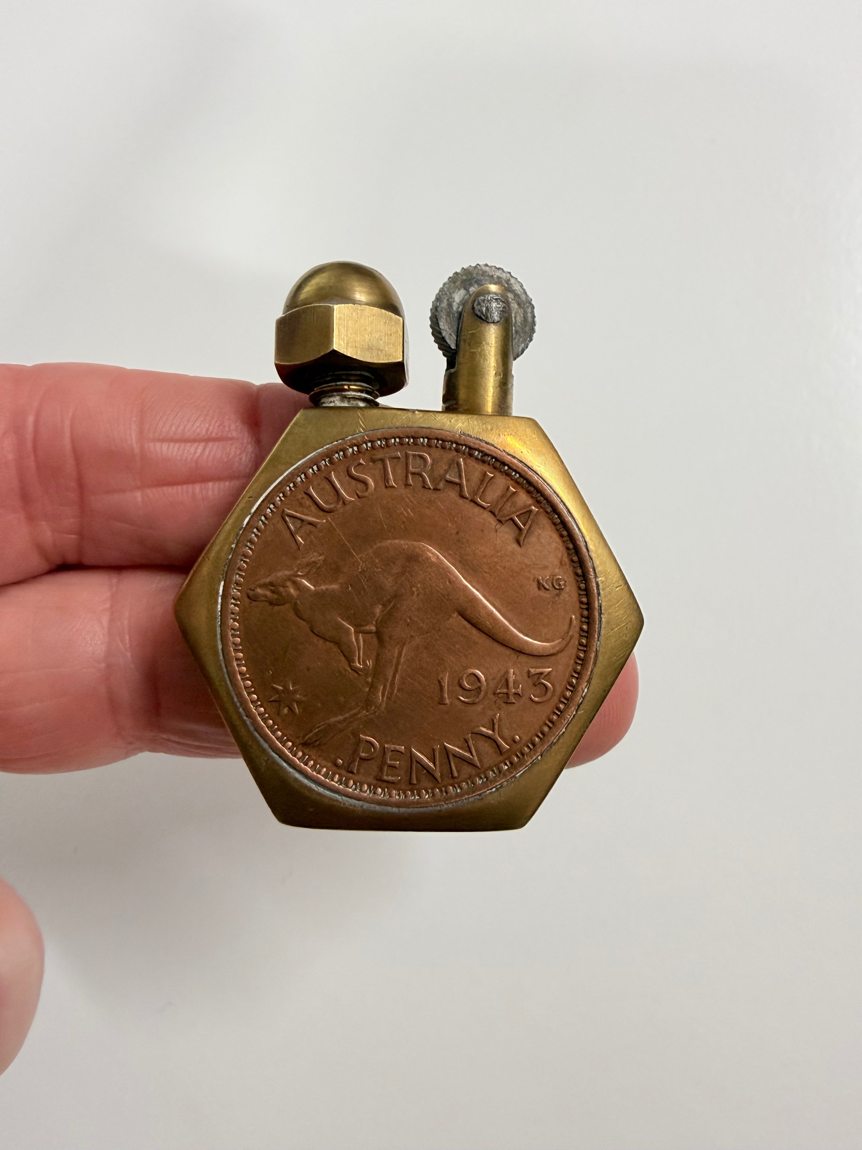 Vintage WW2 Trench Art Lighter Made With Pennies & Brass