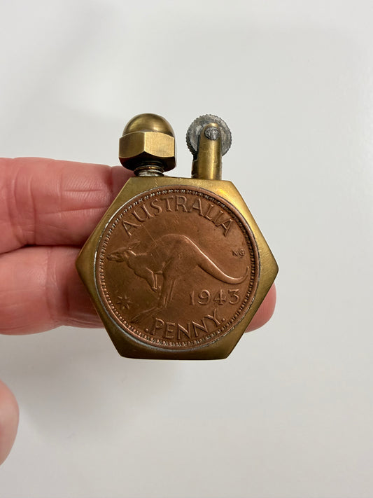 Vintage WW2 Trench Art Lighter Made With Pennies & Brass
