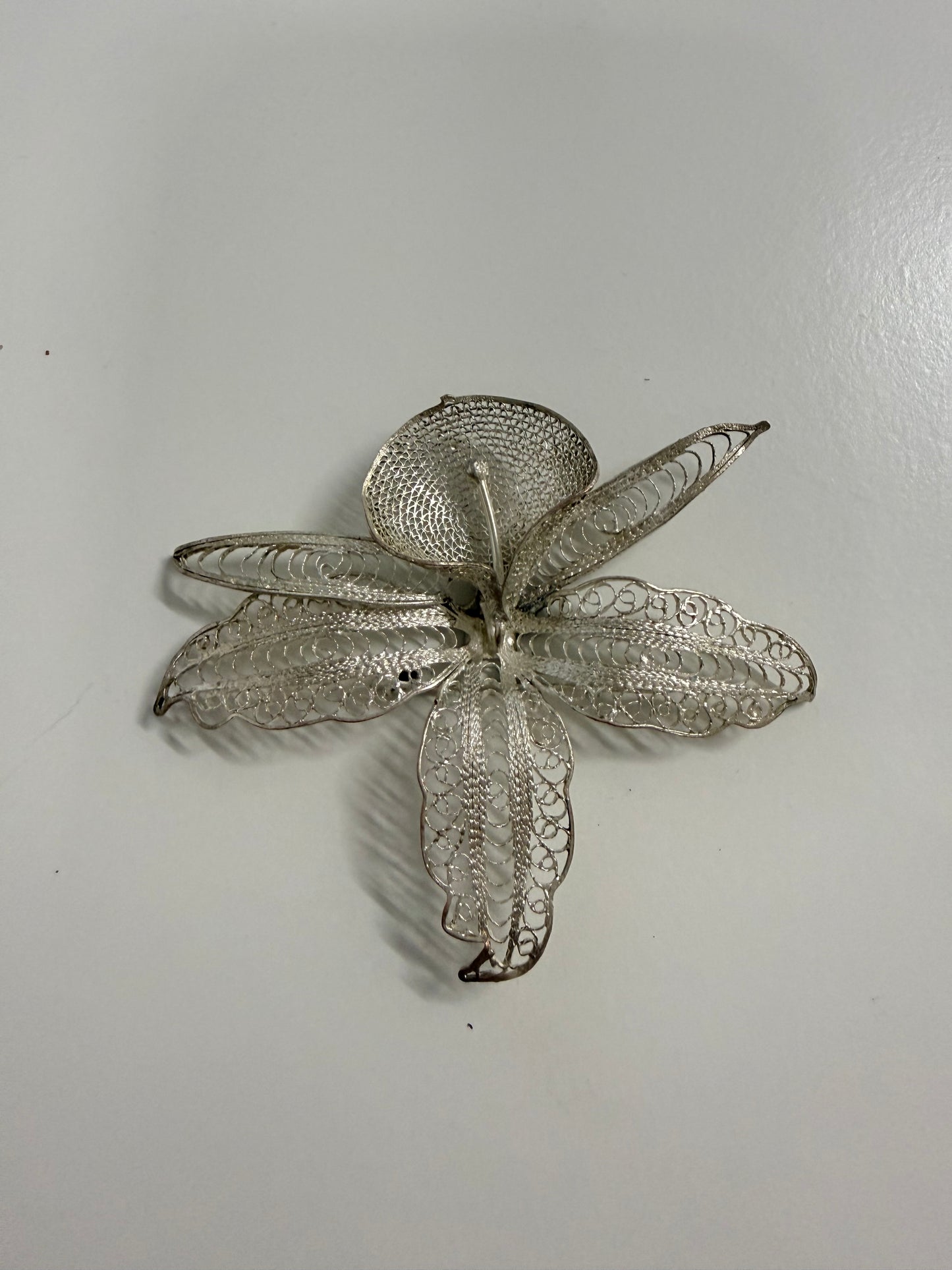 Vintage Silver Toned Metal Filigree Orchid Brooch