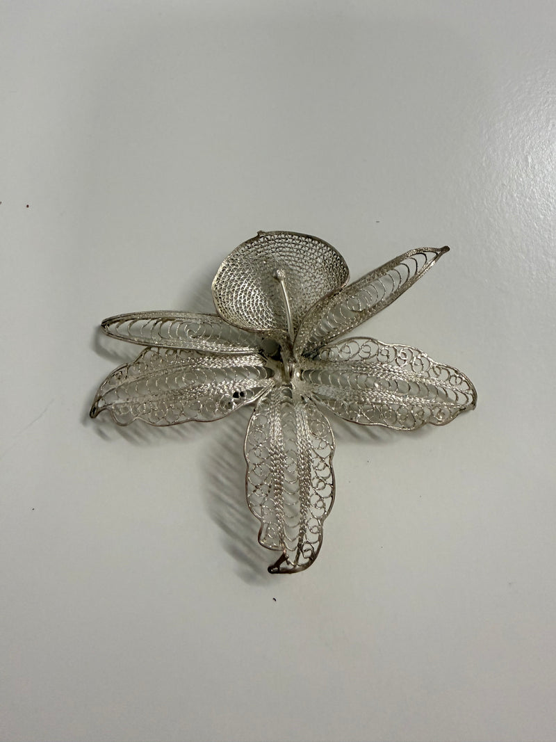 Vintage Silver Toned Metal Filigree Orchid Brooch
