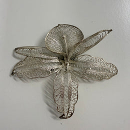 Vintage Silver Toned Metal Filigree Orchid Brooch