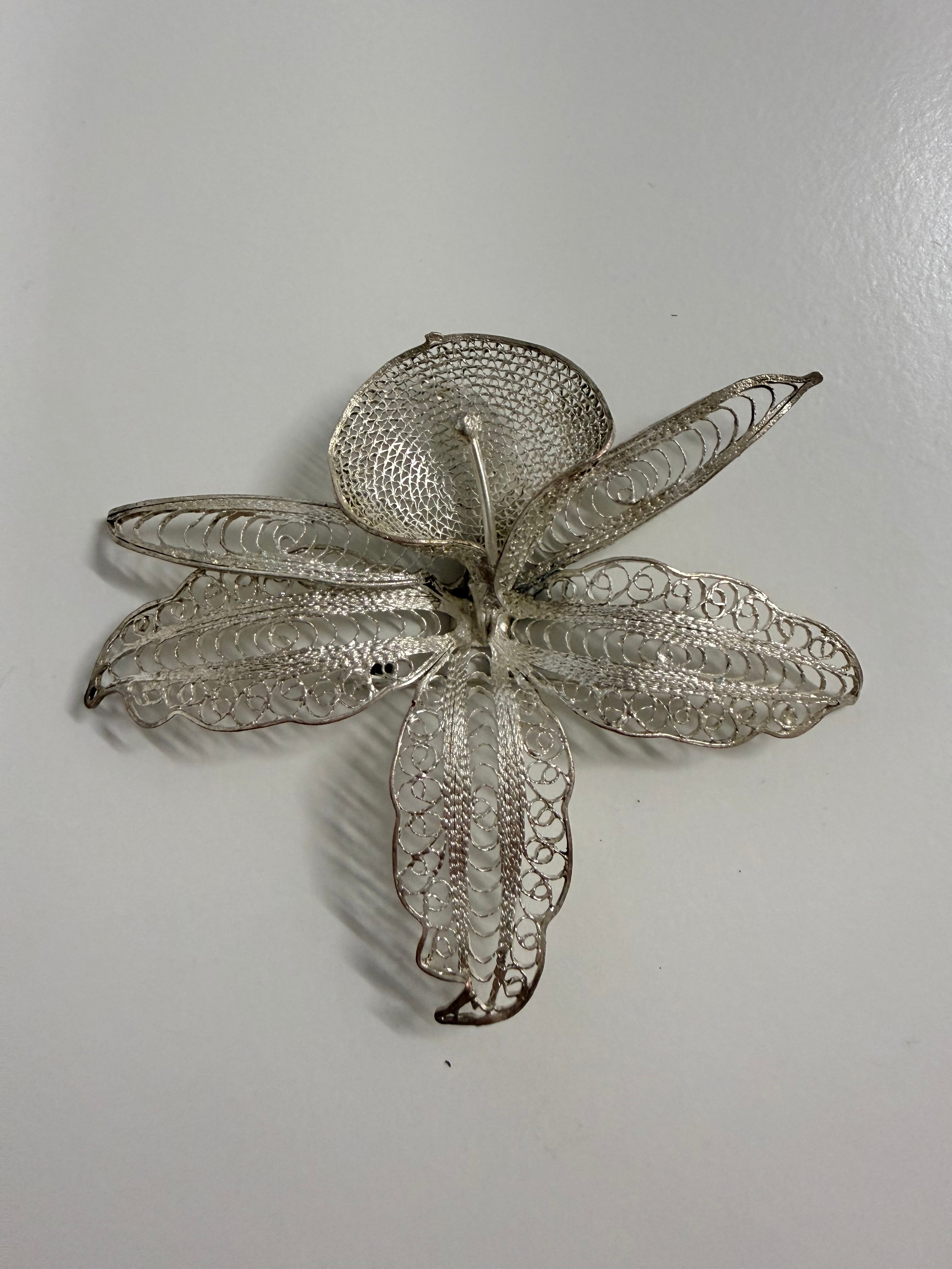 Vintage Silver Toned Metal Filigree Orchid Brooch