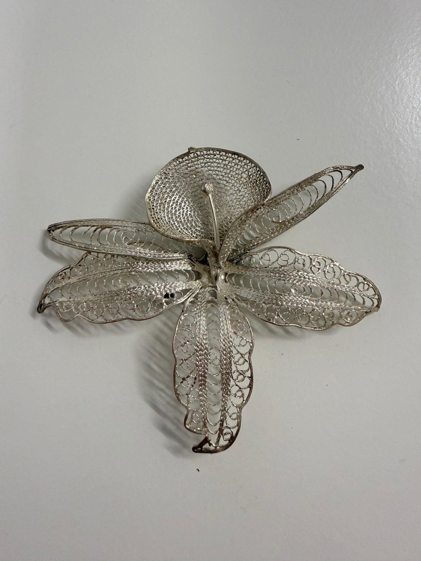 Vintage Silver Toned Metal Filigree Orchid Brooch