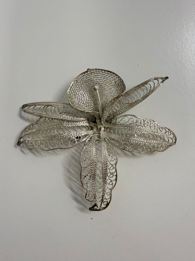 Vintage Silver Toned Metal Filigree Orchid Brooch
