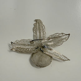 Vintage Silver Toned Metal Filigree Orchid Brooch