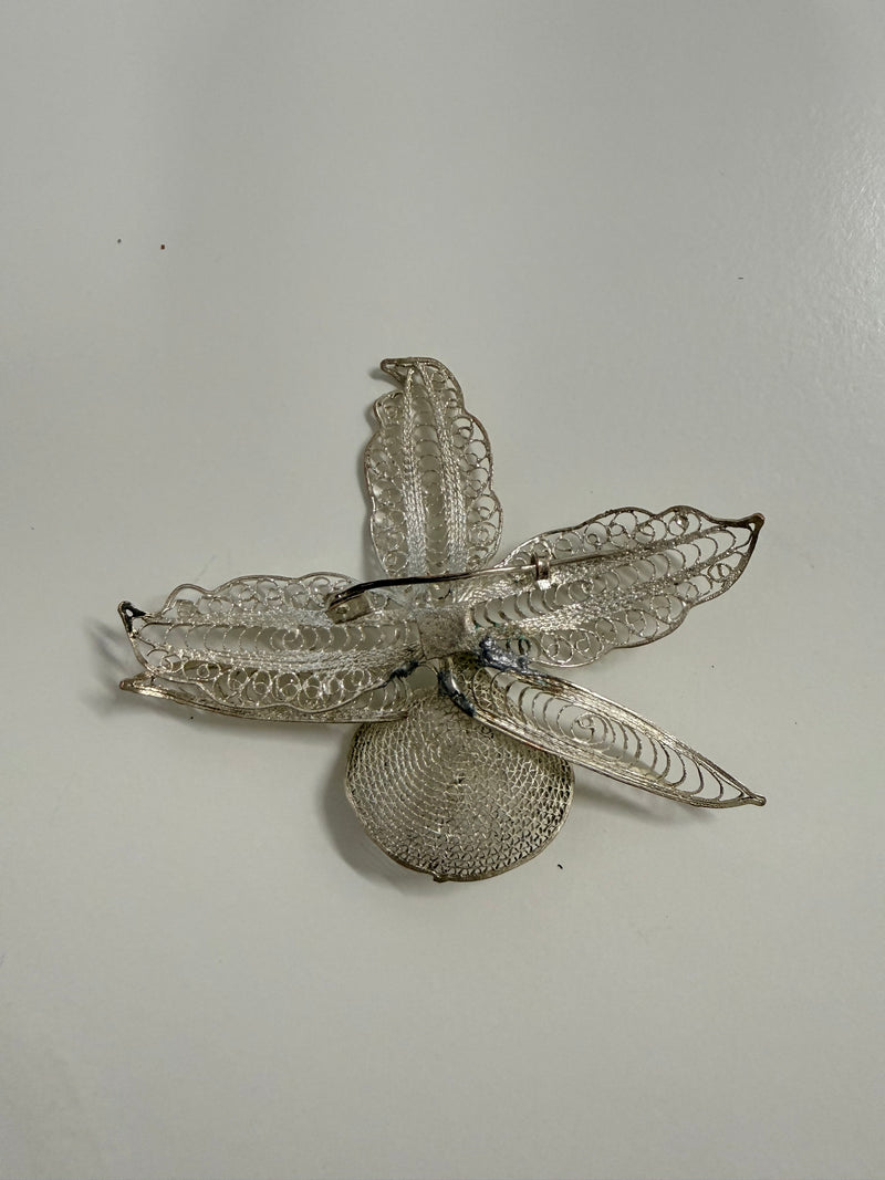 Vintage Silver Toned Metal Filigree Orchid Brooch