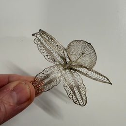 Vintage Silver Toned Metal Filigree Orchid Brooch