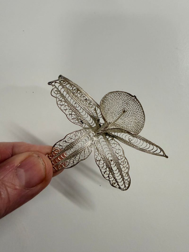 Vintage Silver Toned Metal Filigree Orchid Brooch