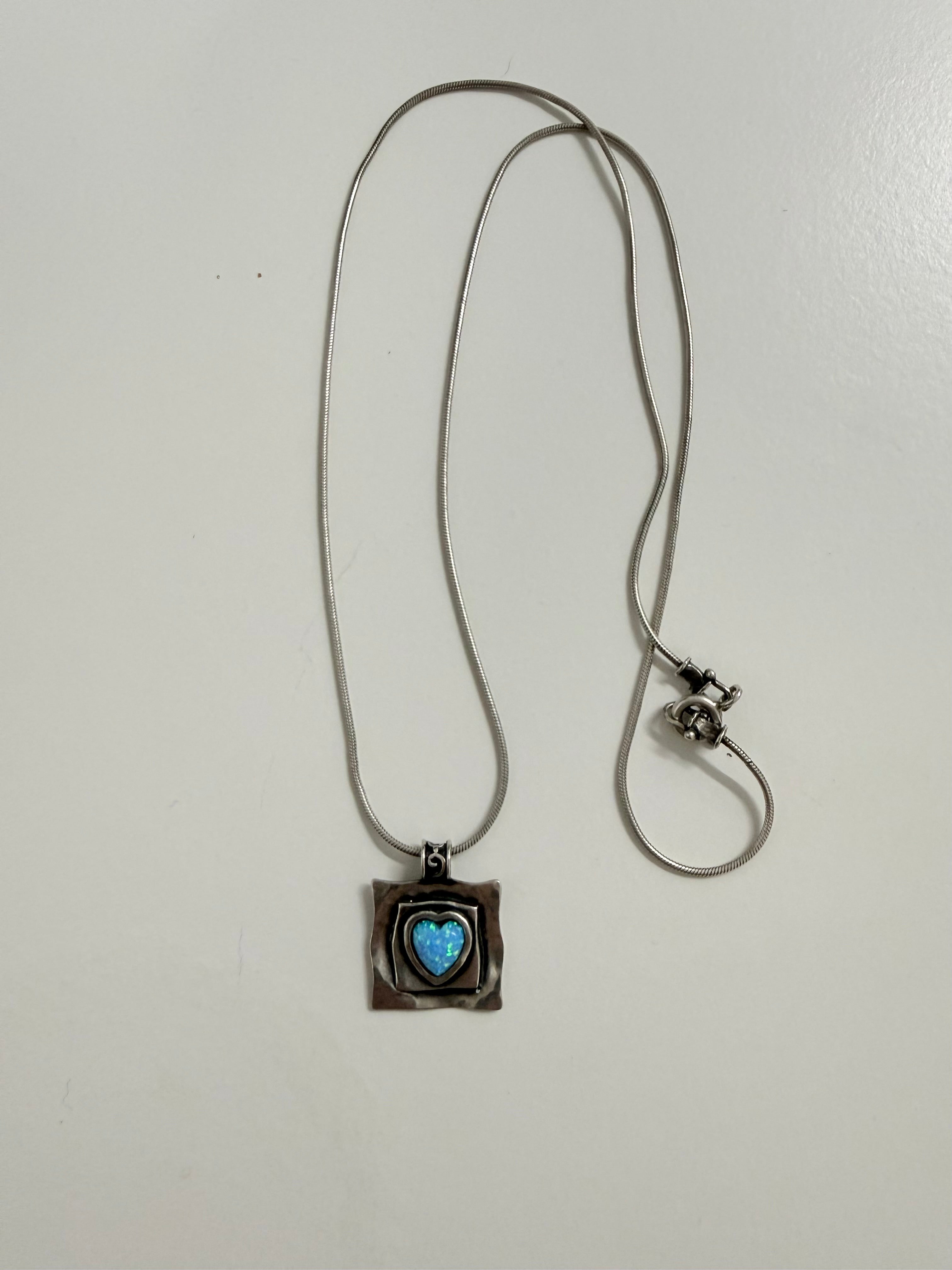 Vintage Silver & Opal Hand Made (Israel) Pendant & Silver Chain