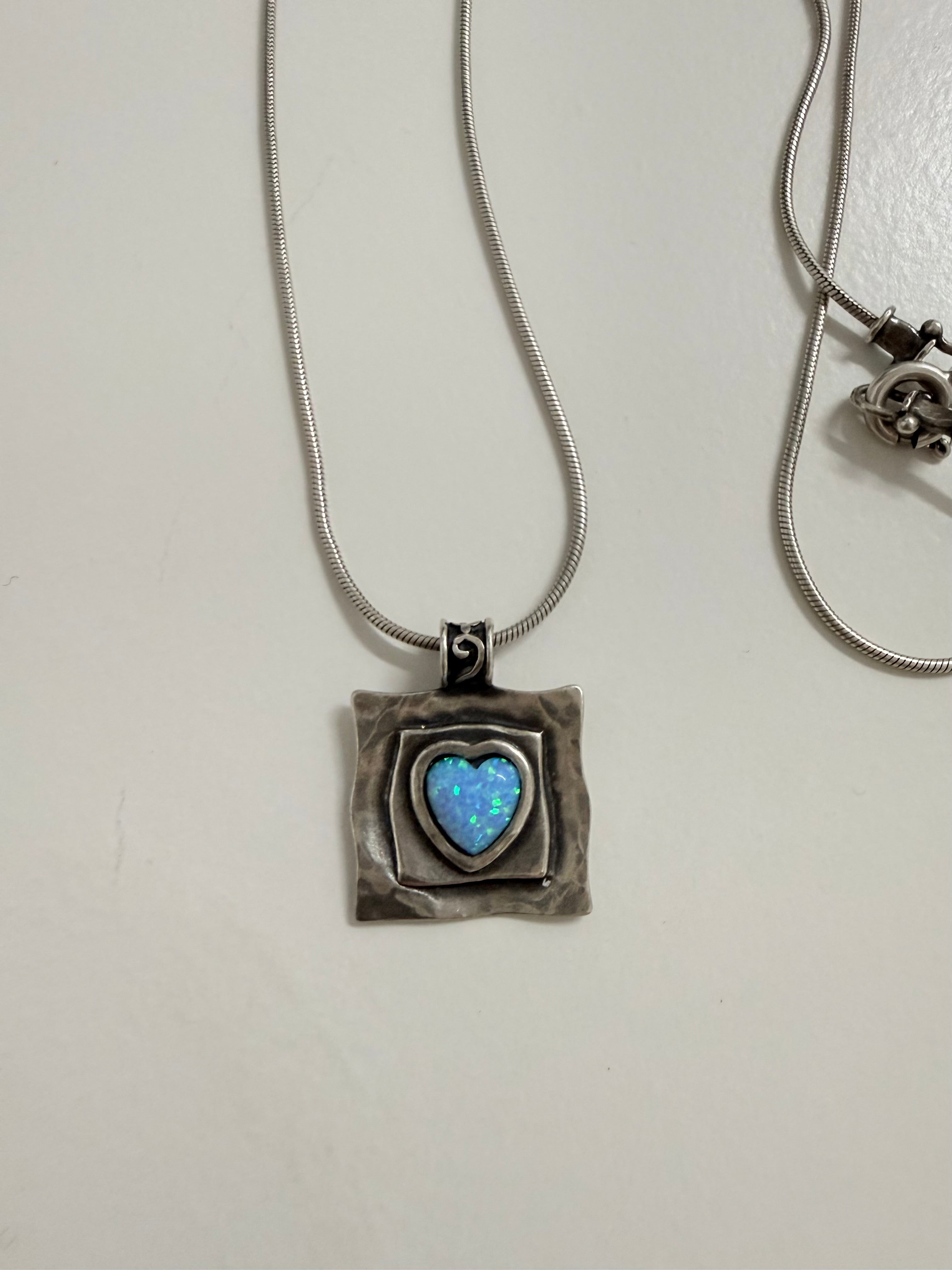 Vintage Silver & Opal Hand Made (Israel) Pendant & Silver Chain