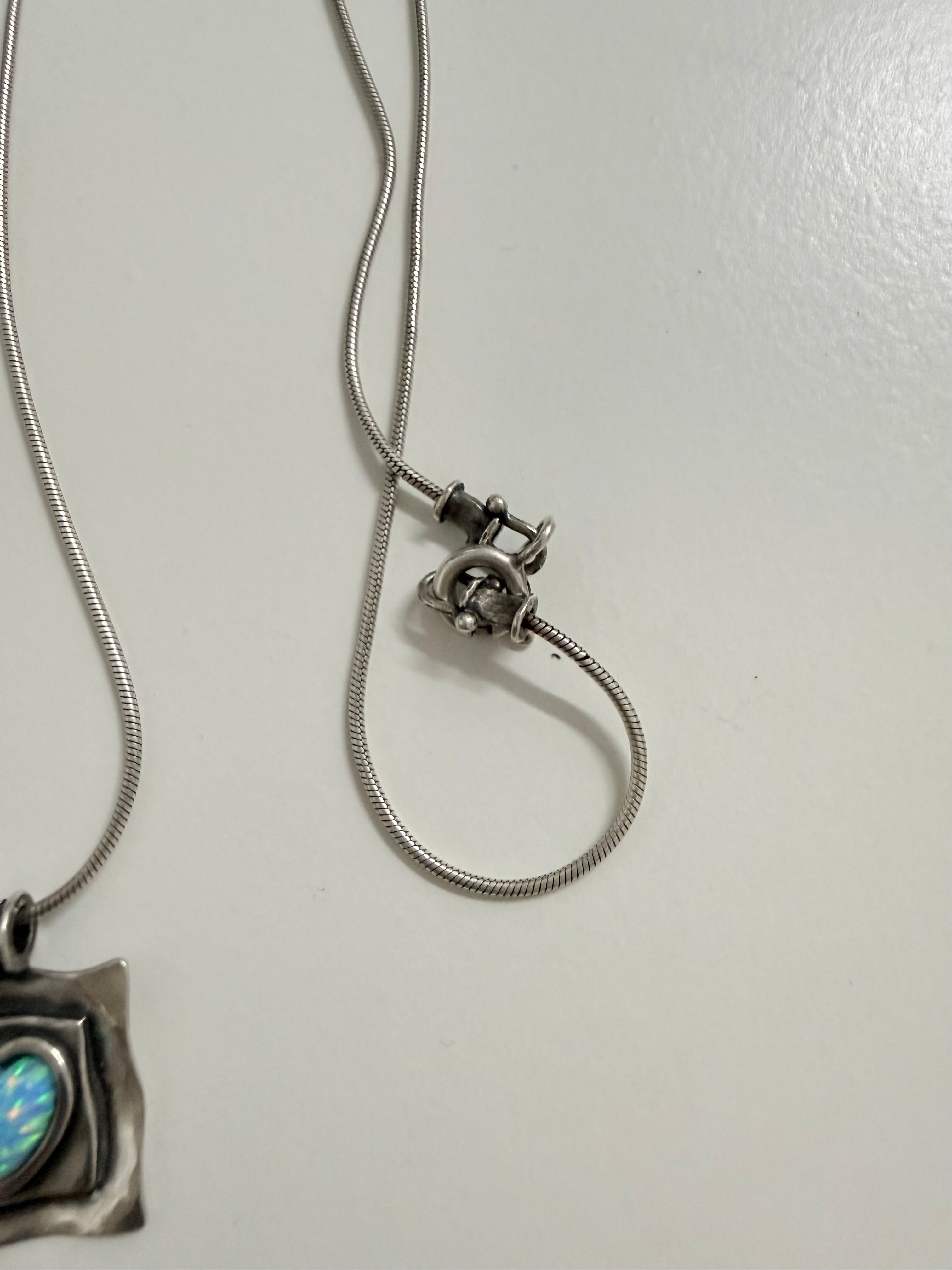 Vintage Silver & Opal Hand Made (Israel) Pendant & Silver Chain