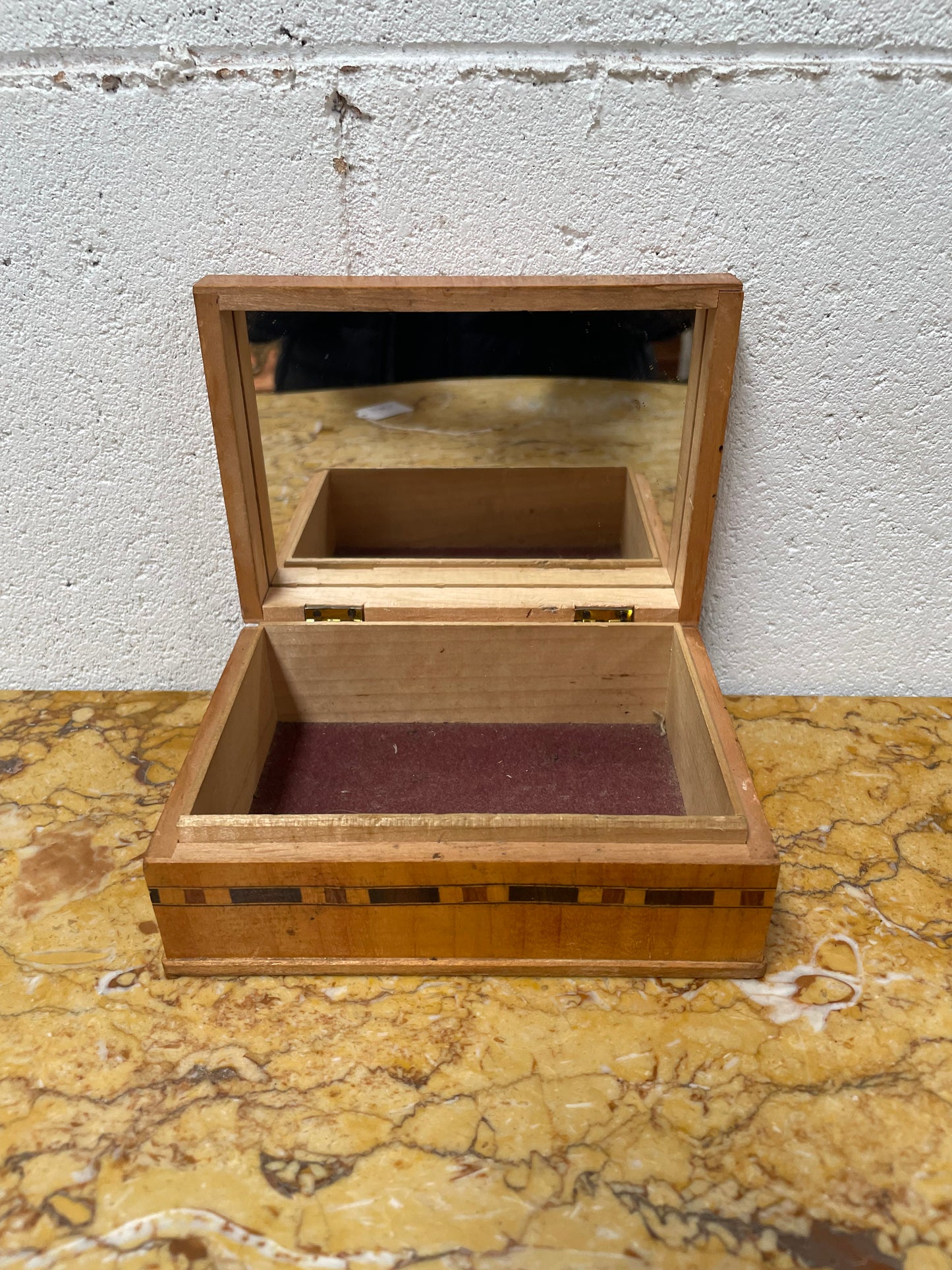 Vintage Inlaid Jewellery Trinket Box With Interior Mirror