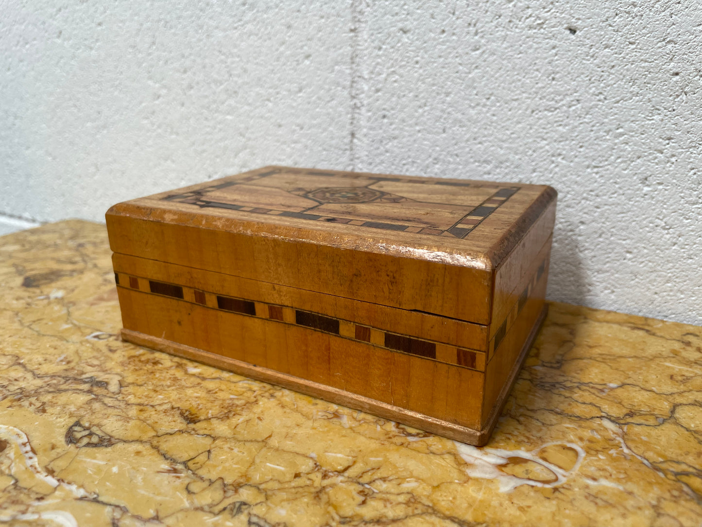 Vintage Inlaid Jewellery Trinket Box With Interior Mirror