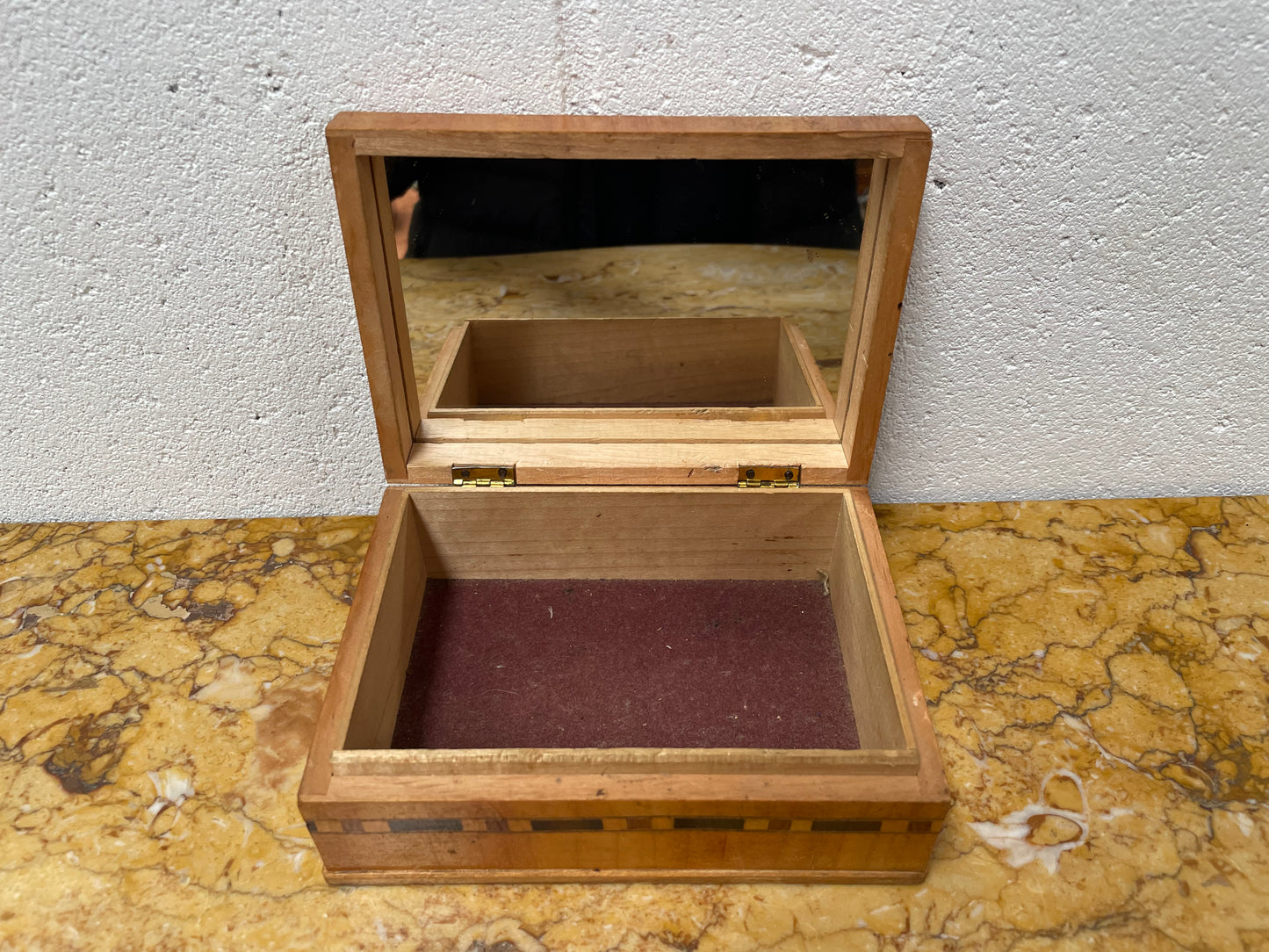 Vintage Inlaid Jewellery Trinket Box With Interior Mirror