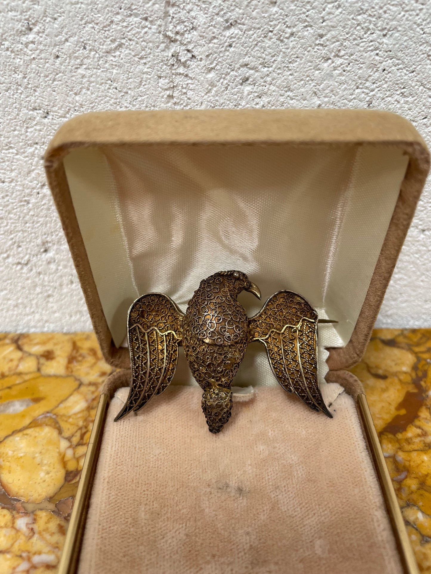 Antique Silver Gilt Filigree Bird Brooch