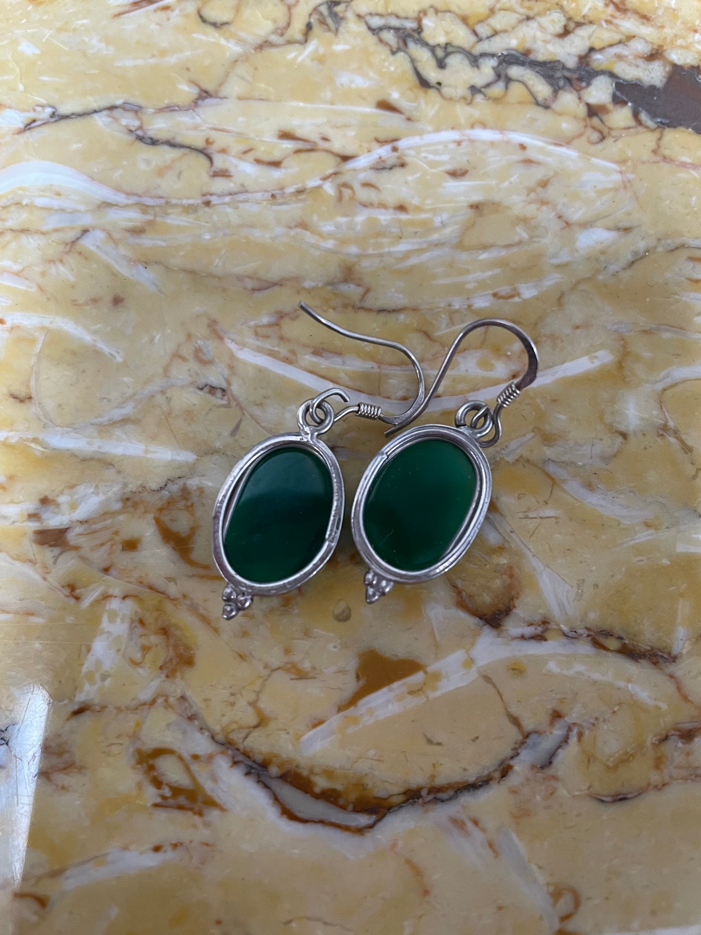 Sterling Silver & Peking Glass Faux Jade Drop Earrings