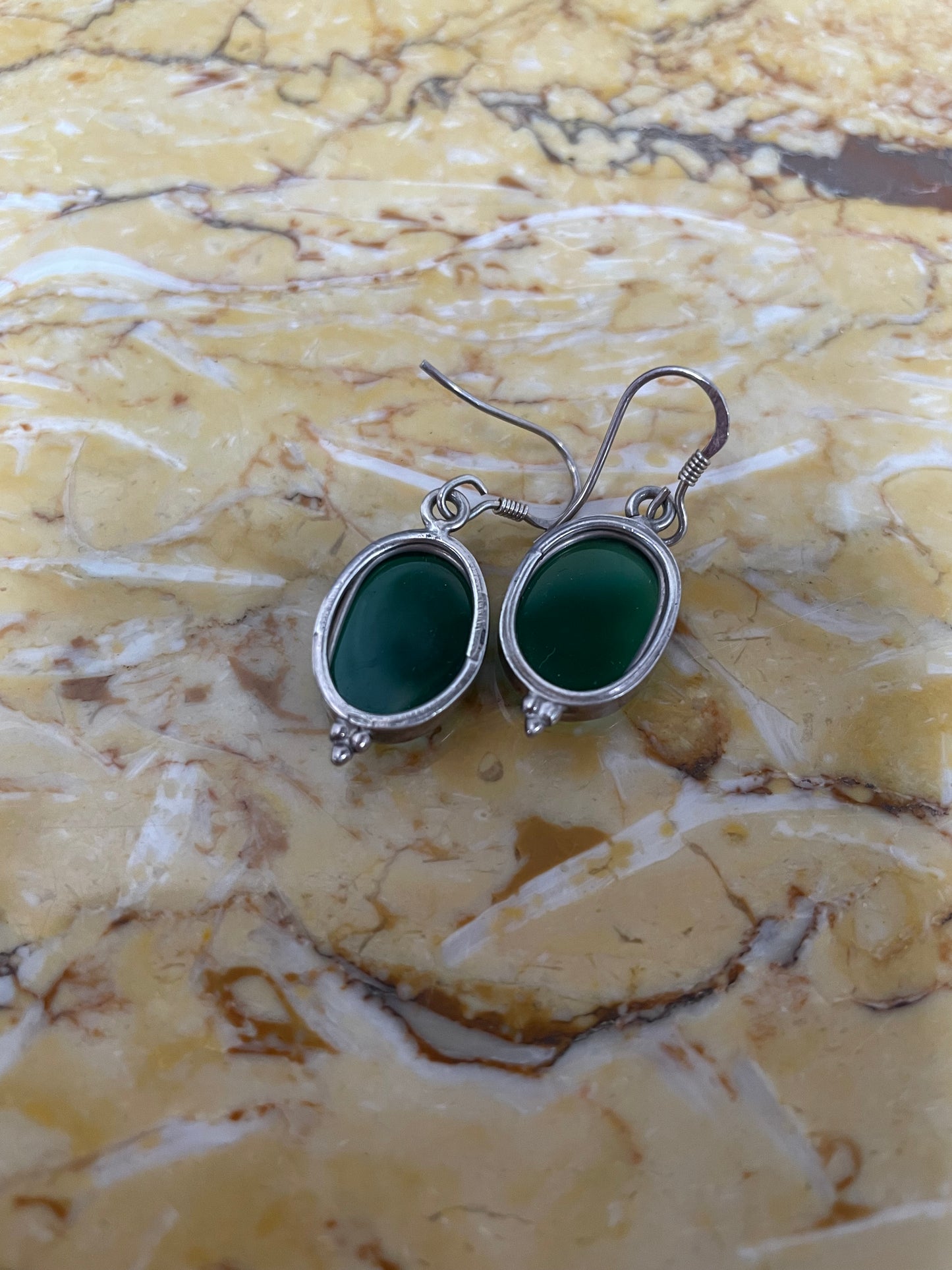 Sterling Silver & Peking Glass Faux Jade Drop Earrings